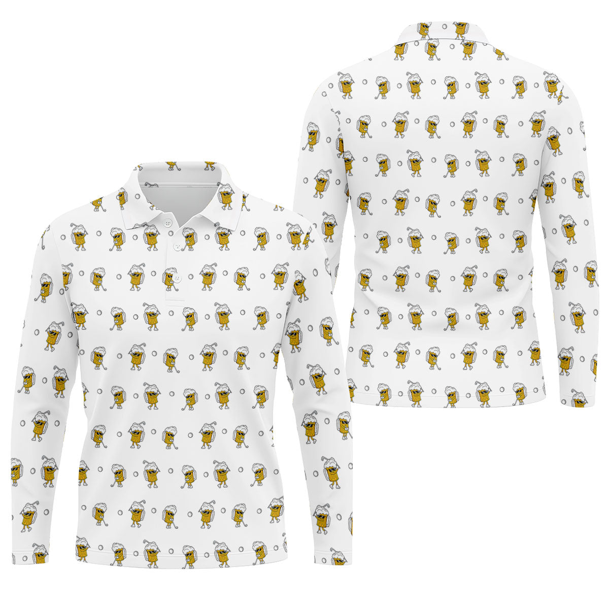 Cartoon Beer Mug Golfer Pattern Golf Polo Shirt, Polo Shirts For Men, Printed Golf Shirts