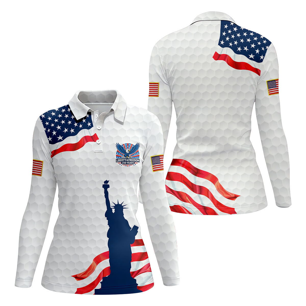 Liberty And Freedom 250 Years Golf Ball Pattern Patriotic Golf Shirt, 4th Of July Golf Shirt For Women