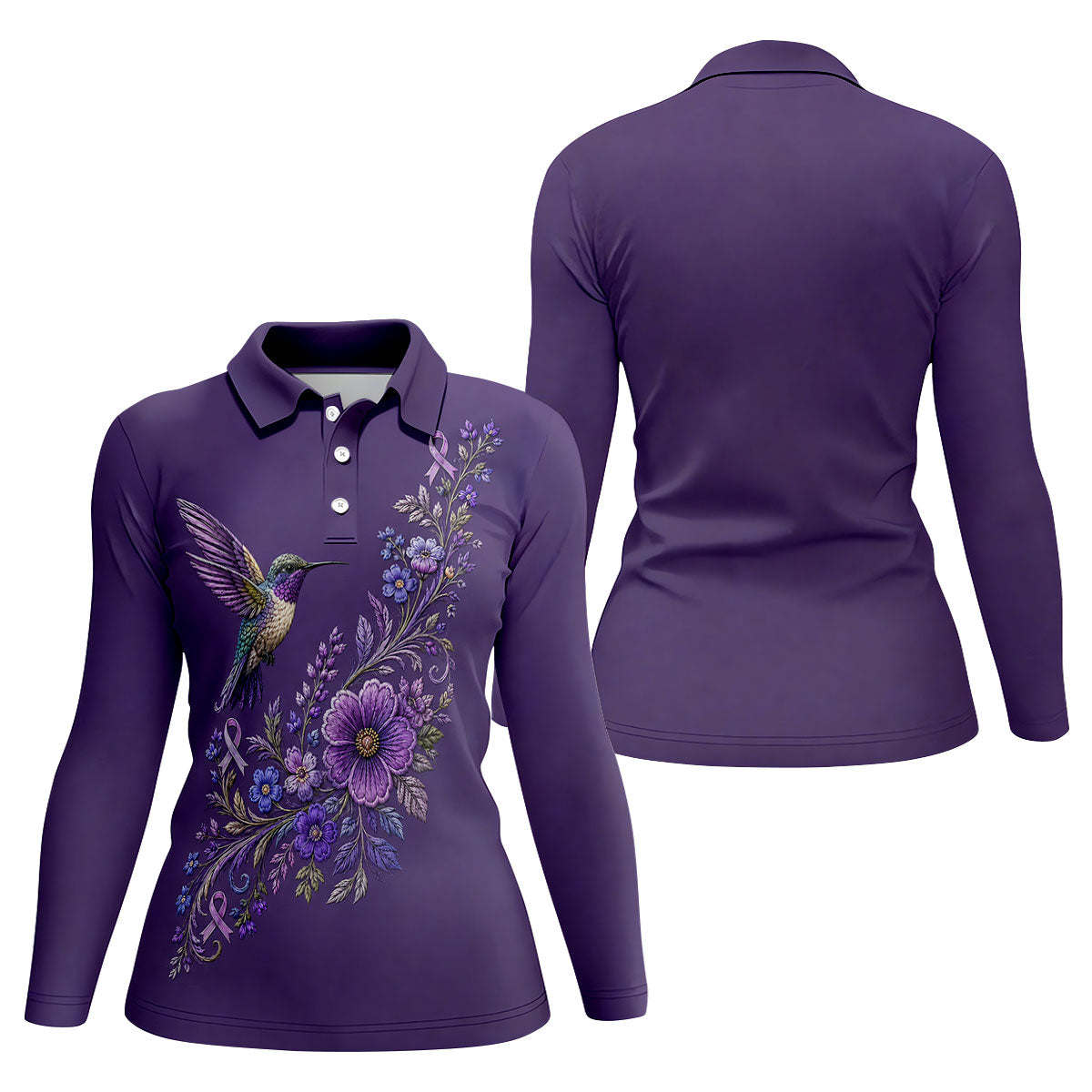 Cancer Awareness Purple Ribbon Floral Polo Shirt, Womens Golf Polo, Golf Shirts For Women