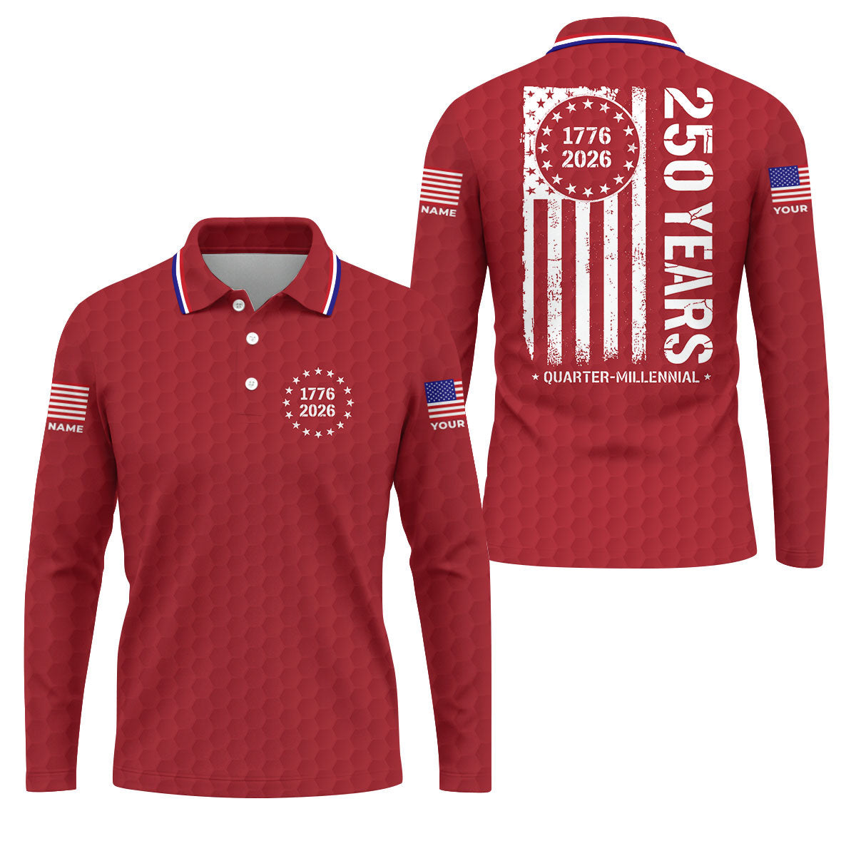 250 Years Quarter Millennnial Golf Ball Pattern Red Patriotic Golf Shirt, 4th Of July Golf Shirts For Men