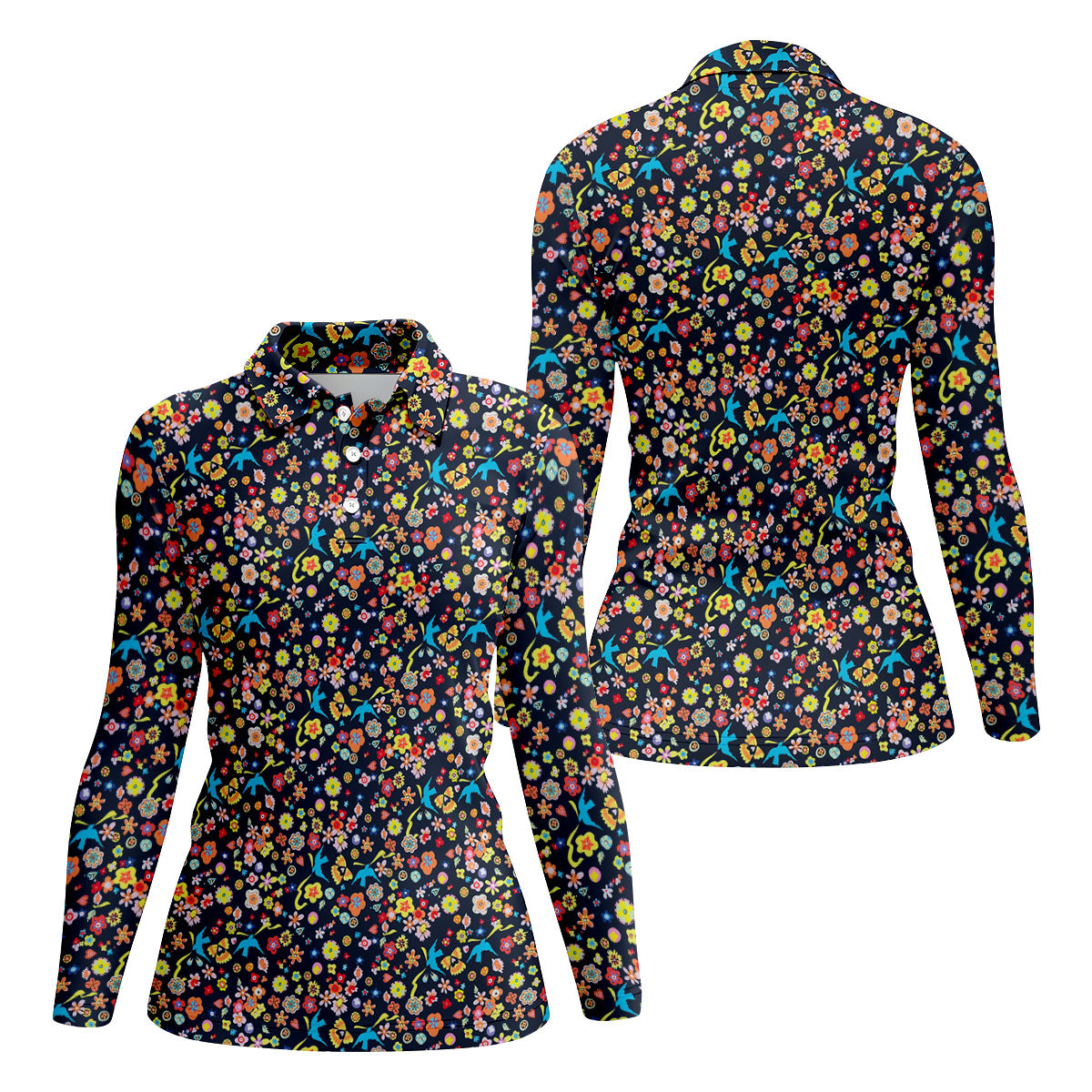 Colorful Floral Bird Garden Golf Shirt, Women’s Golf Polo, Golf Shirts For Women