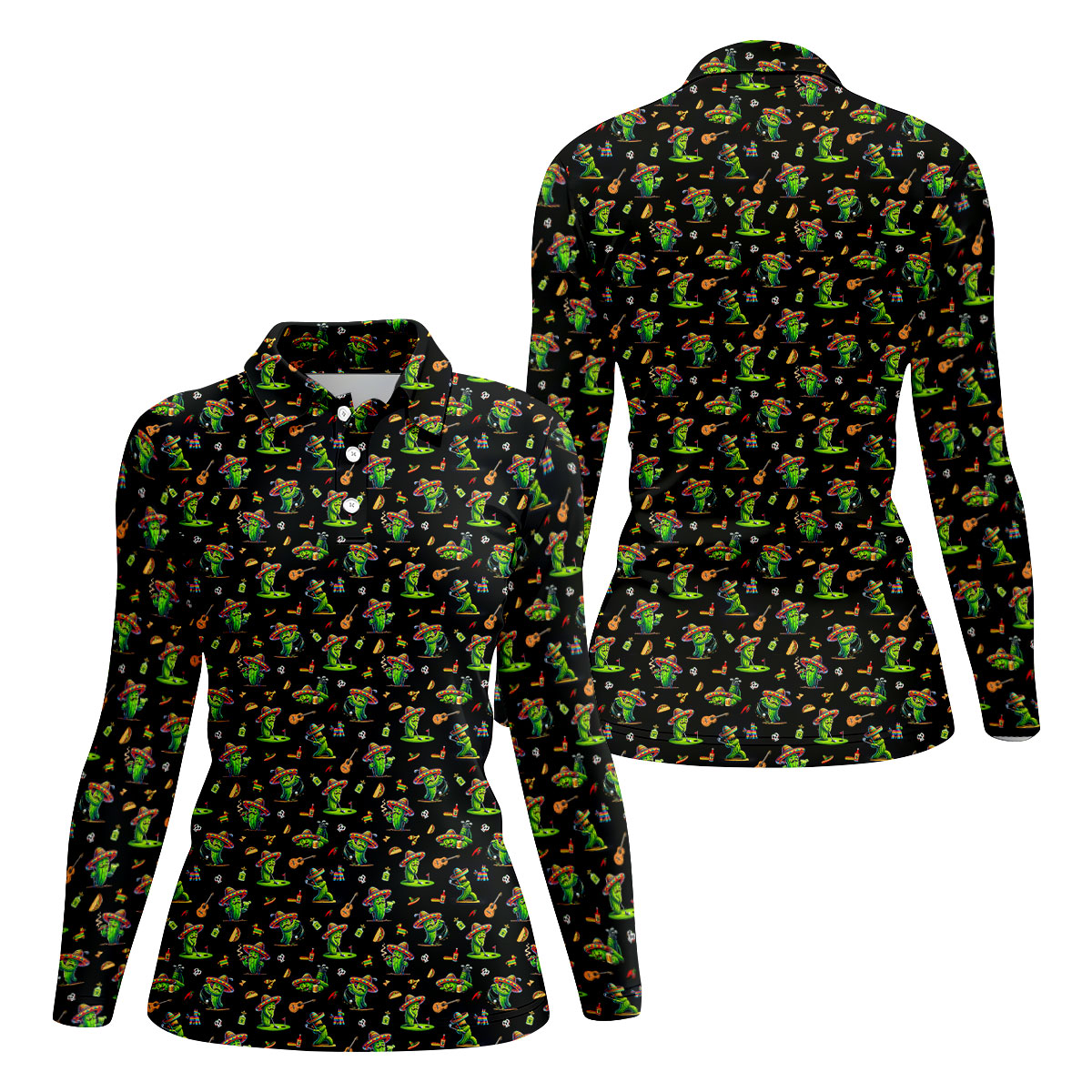 Cartoon Mustach Funny Cactus Cinco De Mayo Celebration Fiesta Themed Black Golf Shirt For Women