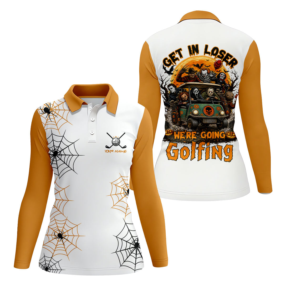 Custom Get In Loser We're Going Golfing Halloween Horror Character Golf Shirt, Golf Shirts For Women