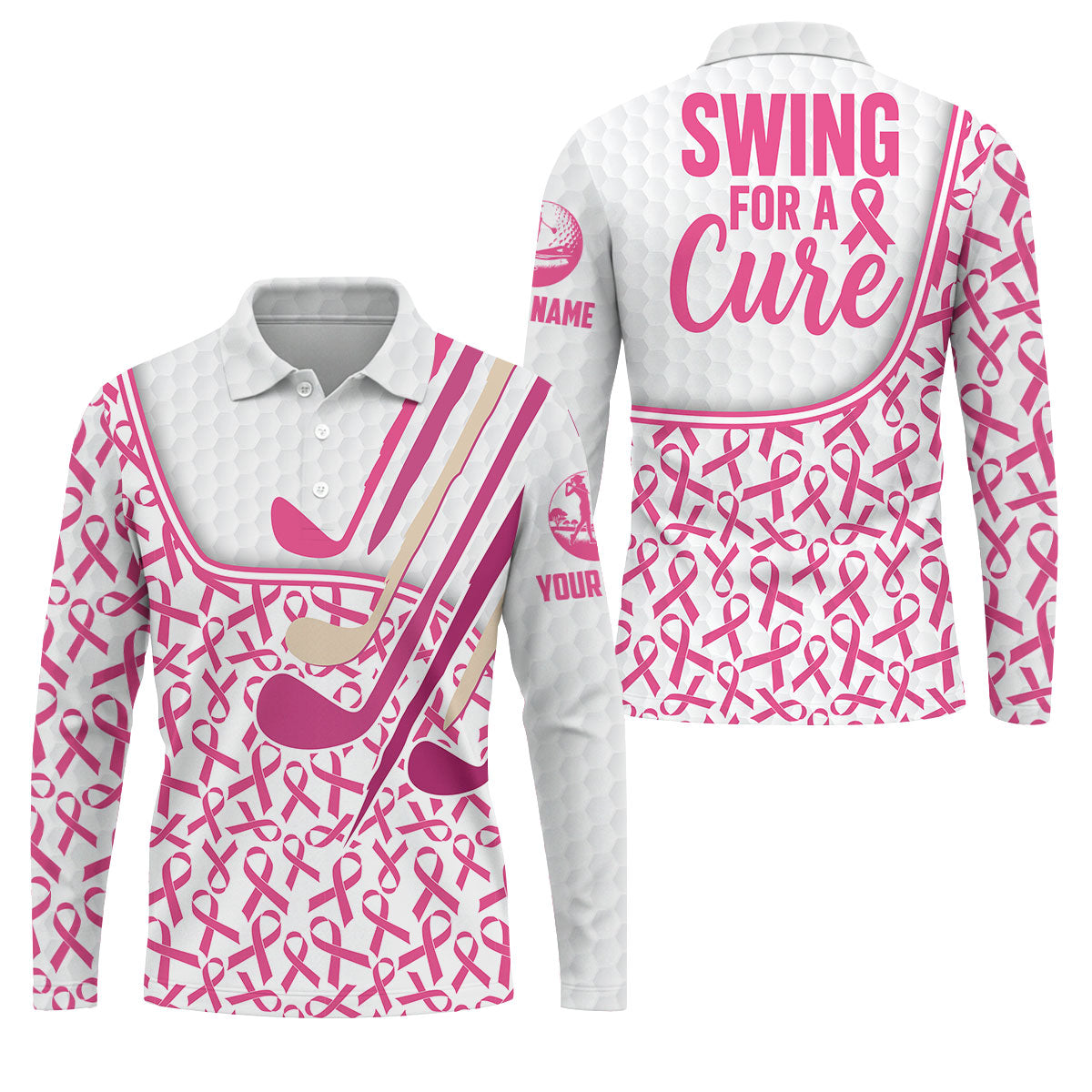 Custom Pink Ribbon Golf Club Breast Cancer Polo Shirt, Mens Golf Polo, Printed Golf Shirts
