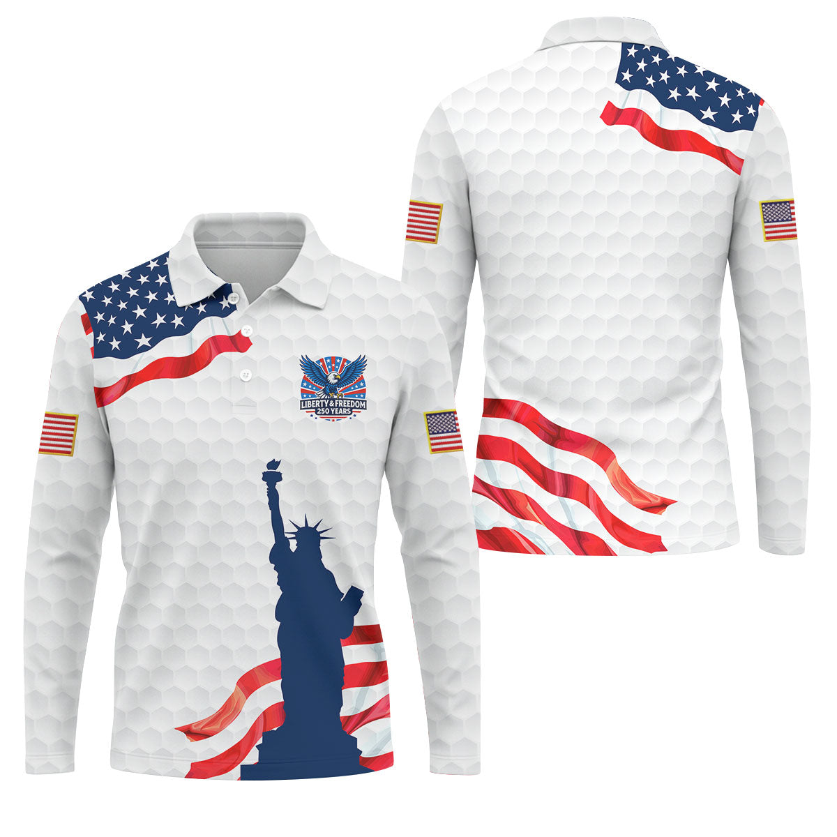 Liberty And Freedom 250 Years Golf Ball Pattern Patriotic Golf Shirt, 4th Of July Polo Shirts For Men