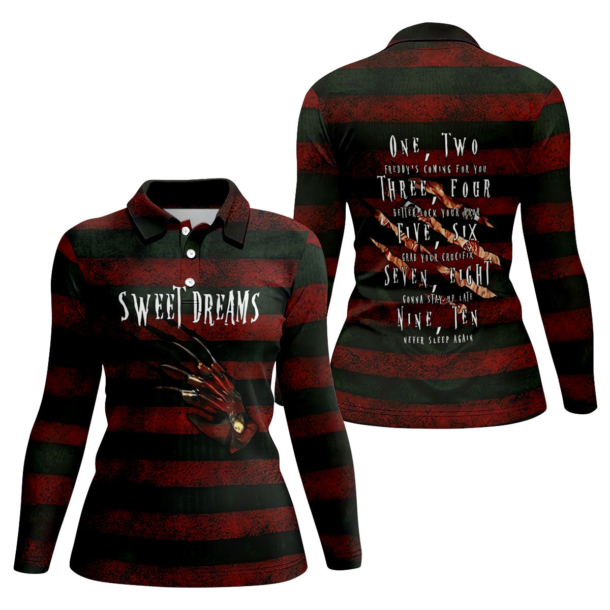 Sweet Dreams Freddy Horror Character Golf Polo Shirt, Ladies Golf Shirts, Women's Golf Polo