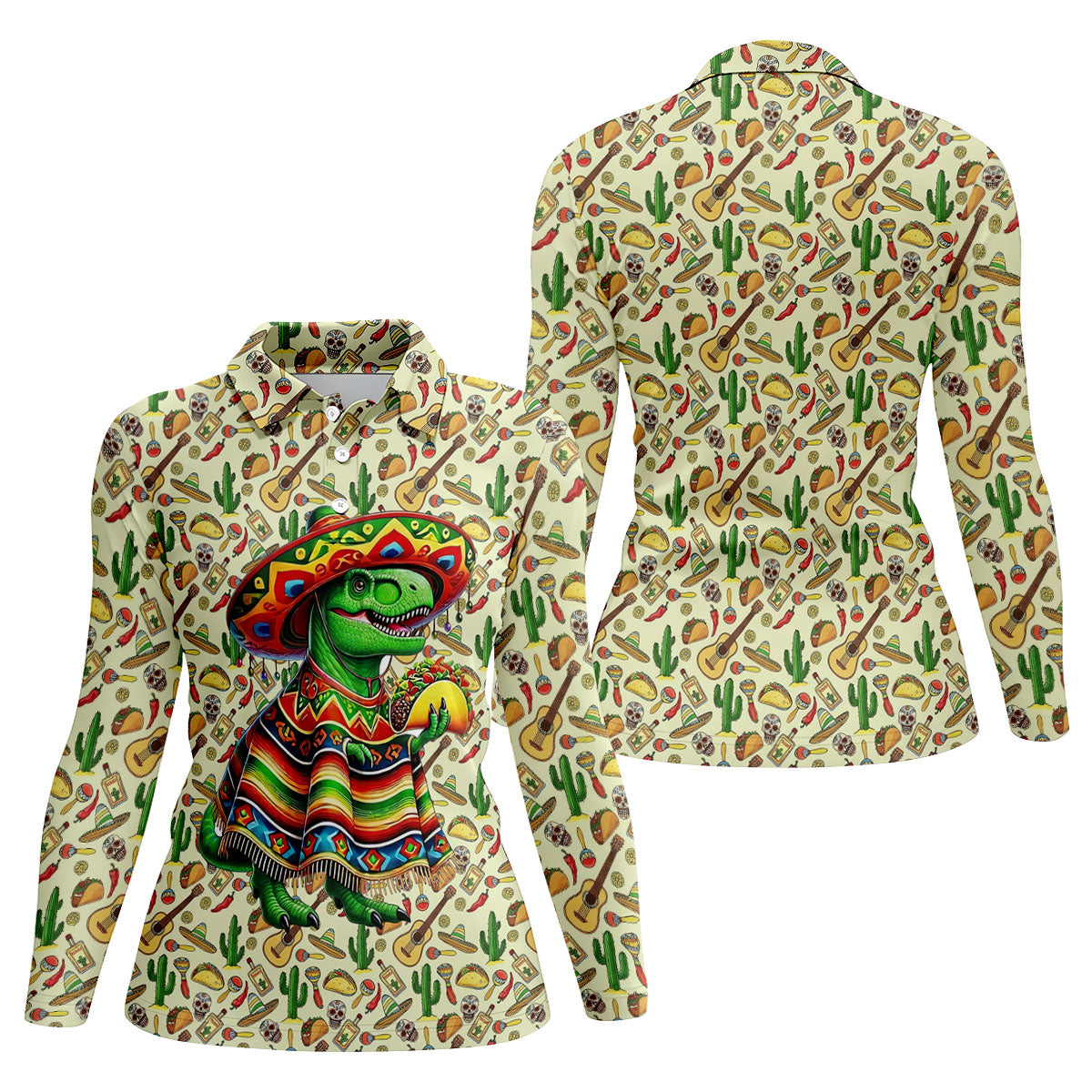 Dinosaur Taco Fiesta Time Ladies Golf Tops, Cinco De Mayo Celebration Golf Shirt For Women