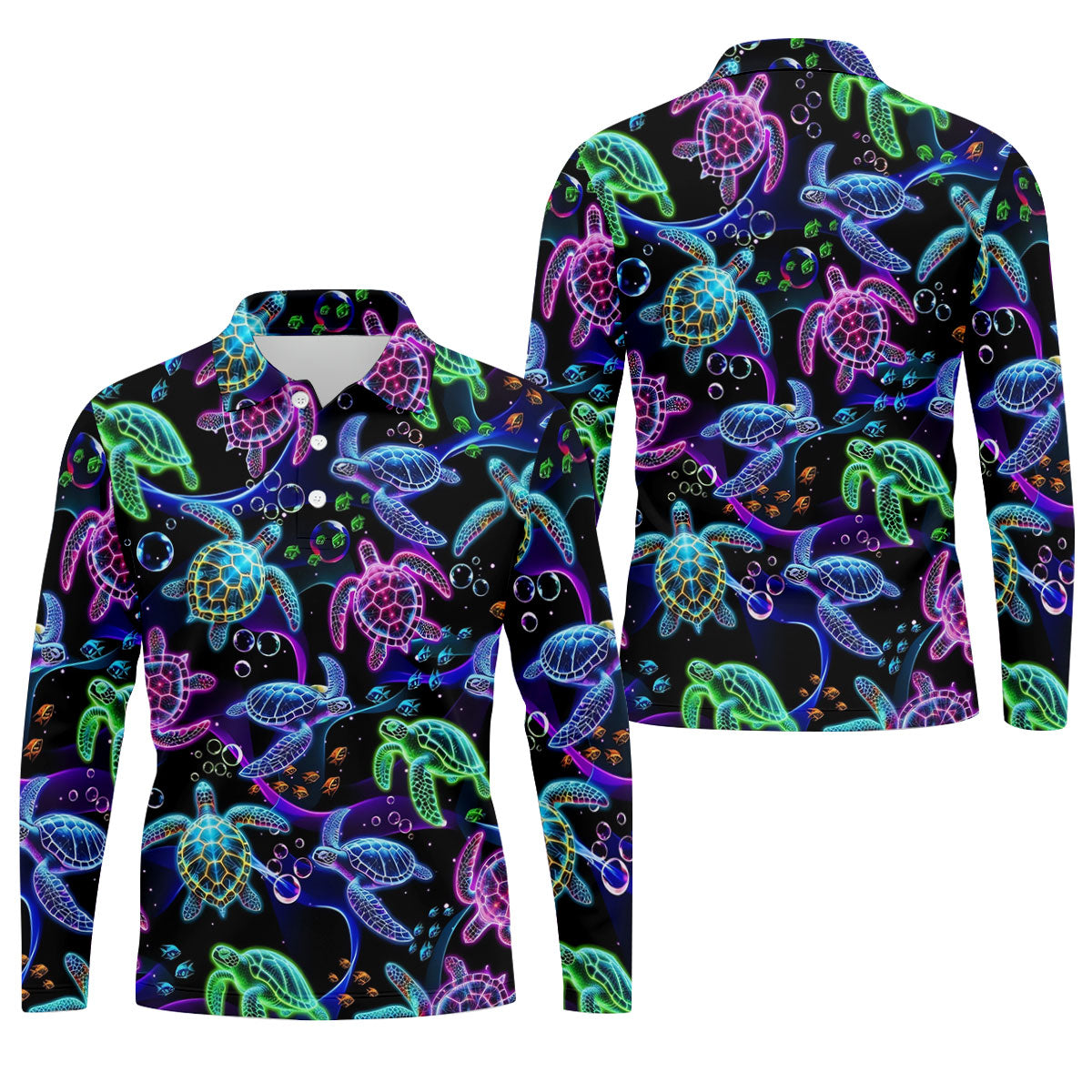 Neon Sea Turtle Ocean Pattern Hawaiian Golf Polo Shirt, Mens Golf Polo, Printed Golf Shirts