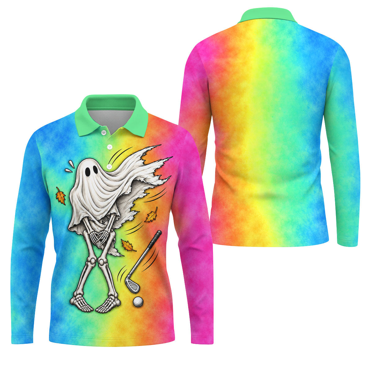 Windy Skeleton Ghost Golf Polo Shirt, Halloween Shirts For Men, Golf Polo Shirts For Men