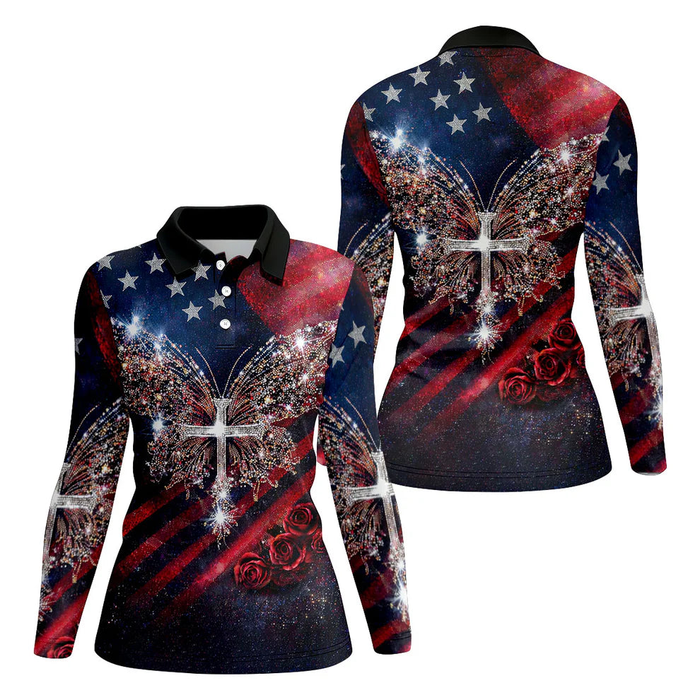 Vintage Faith Rhinestone Butterfly American Flag Golf Shirt, 250 Years Patriotic 4th Of July Golf Shirt For Women