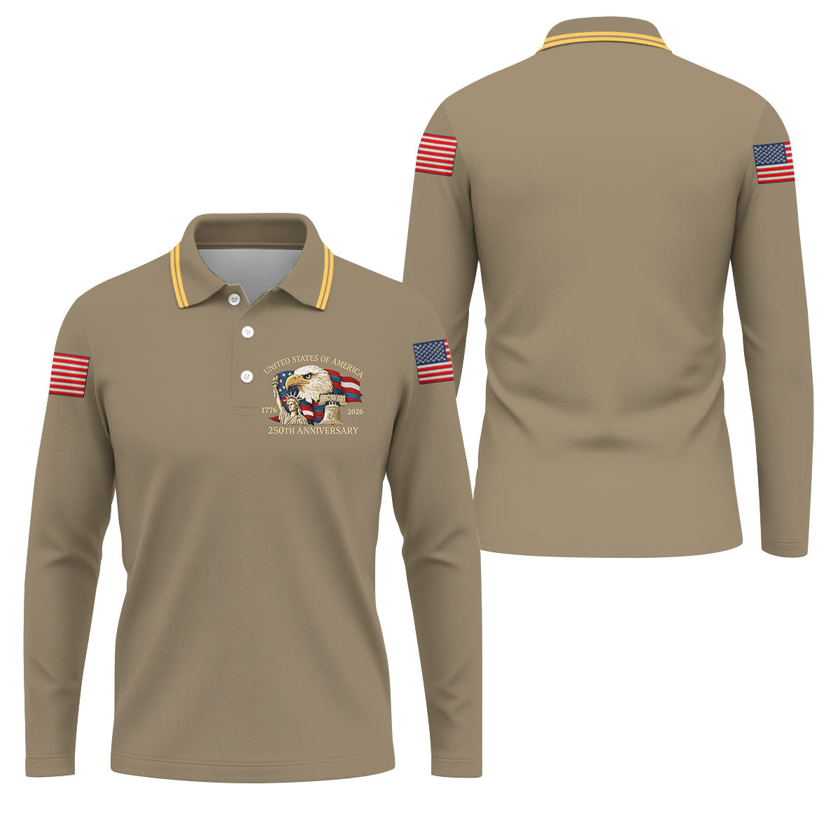 Bald Eagle American Flag 250 Years Sand Golf Shirt, Patriotic 4th Of July Golf Shirts For Men
