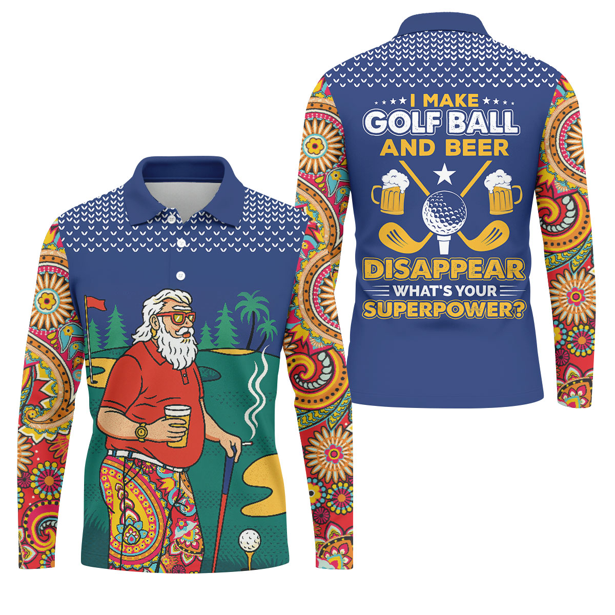 Funny Bearded Golfer Beer Lover Paisley Sleeve Golf Polo, Golf Polo Shirts For Men, Mens Golf Apparel