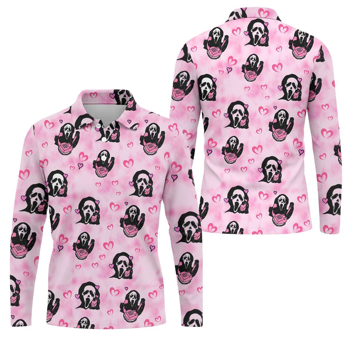 Pink Cute Ghost Caller Heart Pattern Halloween Golf Polo Shirt, Golf Apparel For Men