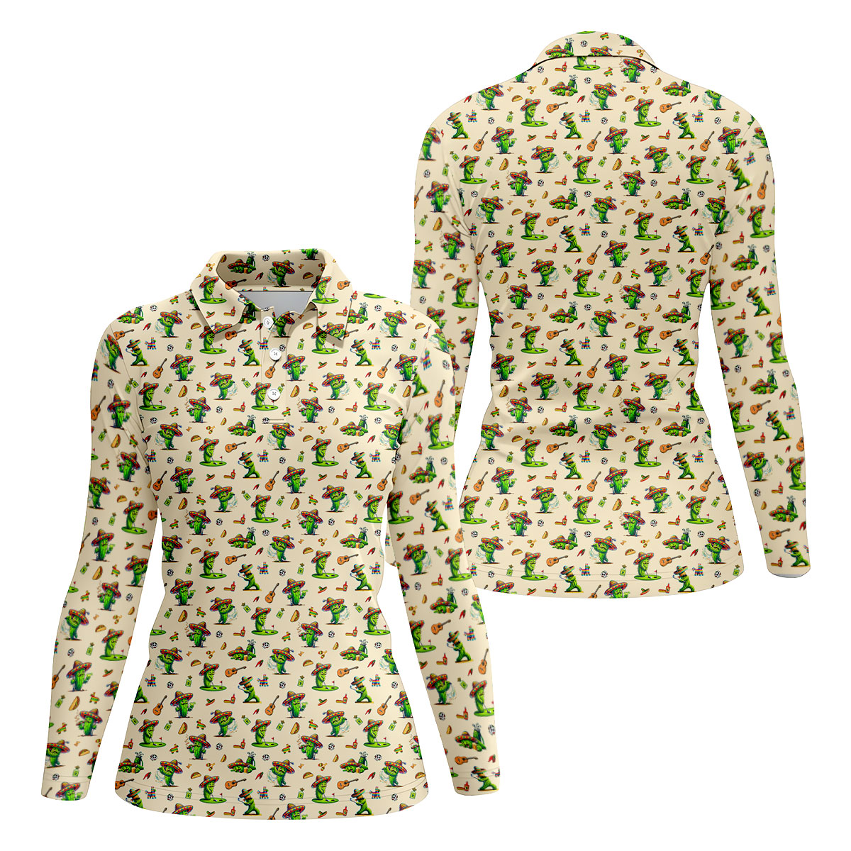 Cartoon Mustach Funny Cactus Cinco De Mayo Celebration Fiesta Themed Beige Golf Shirt For Women
