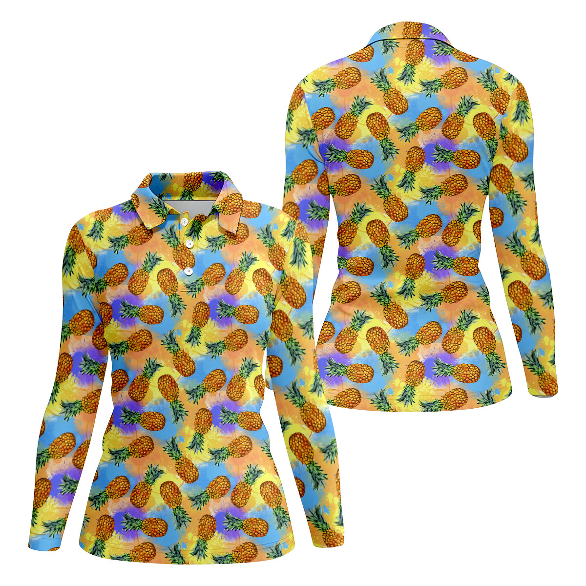 Watercolor Pineapple Tropical Pattern Golf Shirt, Women's Golf Shirt, Hawaiian Golf Shirt, Golf Polo For Women