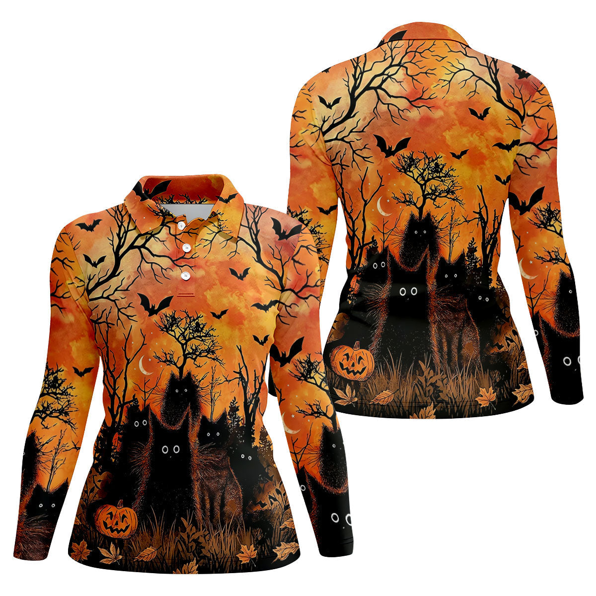 Spooky Black Cat Halloween Golf Polo Shirt, Women's Golf Polo, Ladies Golf Shirts