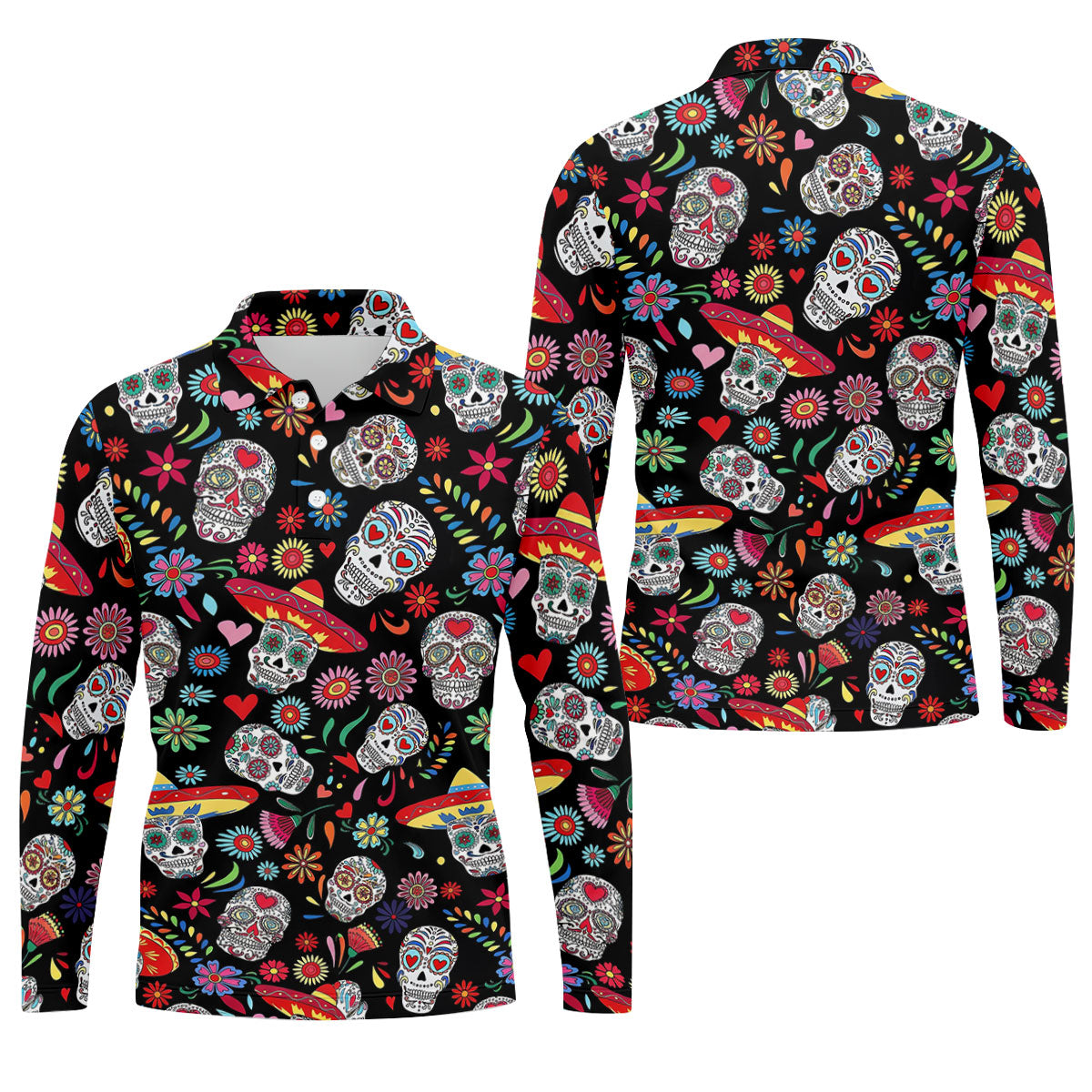 Day Of The Dead FLoral Sugar Skull Cinco De Mayo Celebration Fiesta Themed Golf Shirts For Men