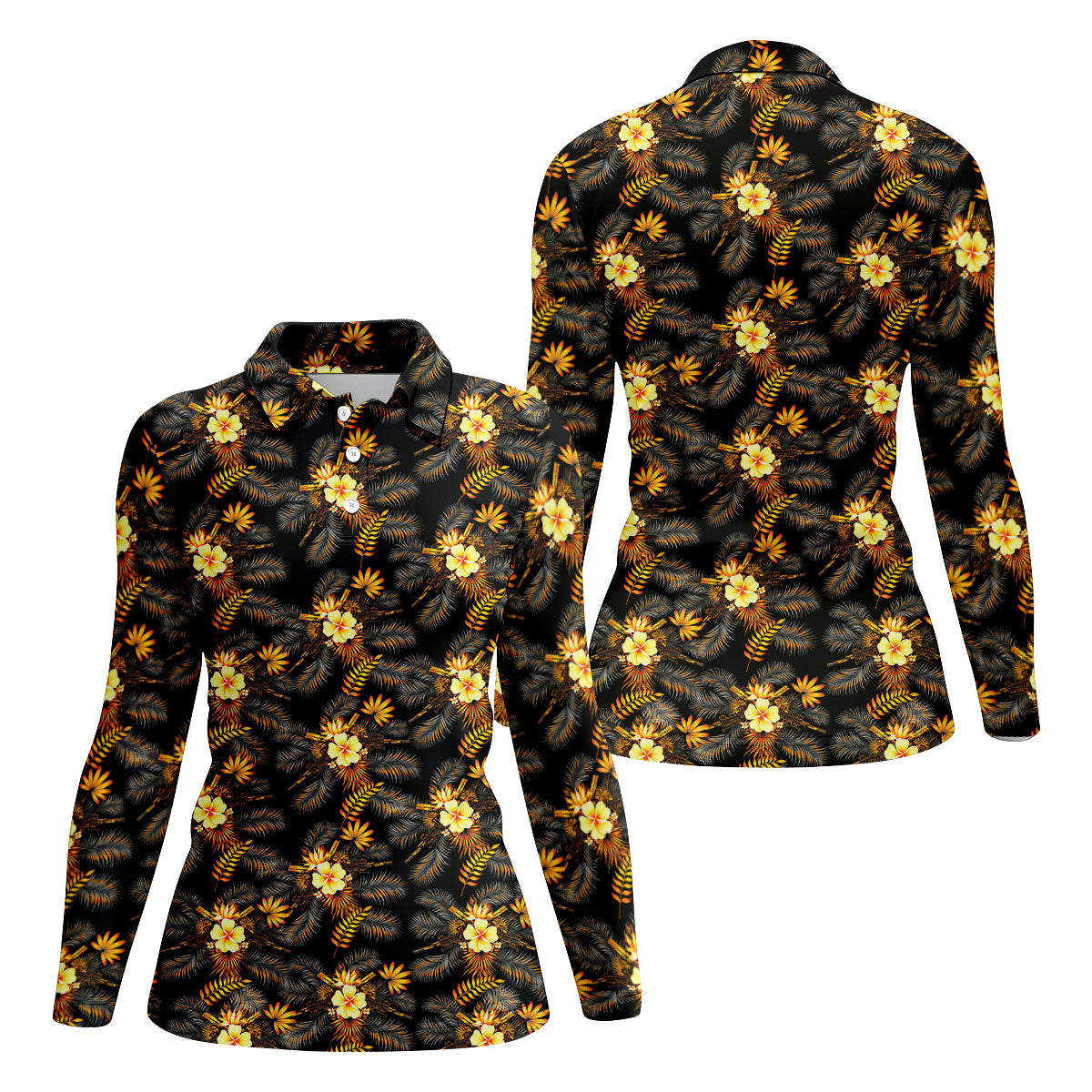 Yellow Hibiscus Flower Black Hawaiian Golf Shirt, Tropical Vibe Golf Shirt For Women