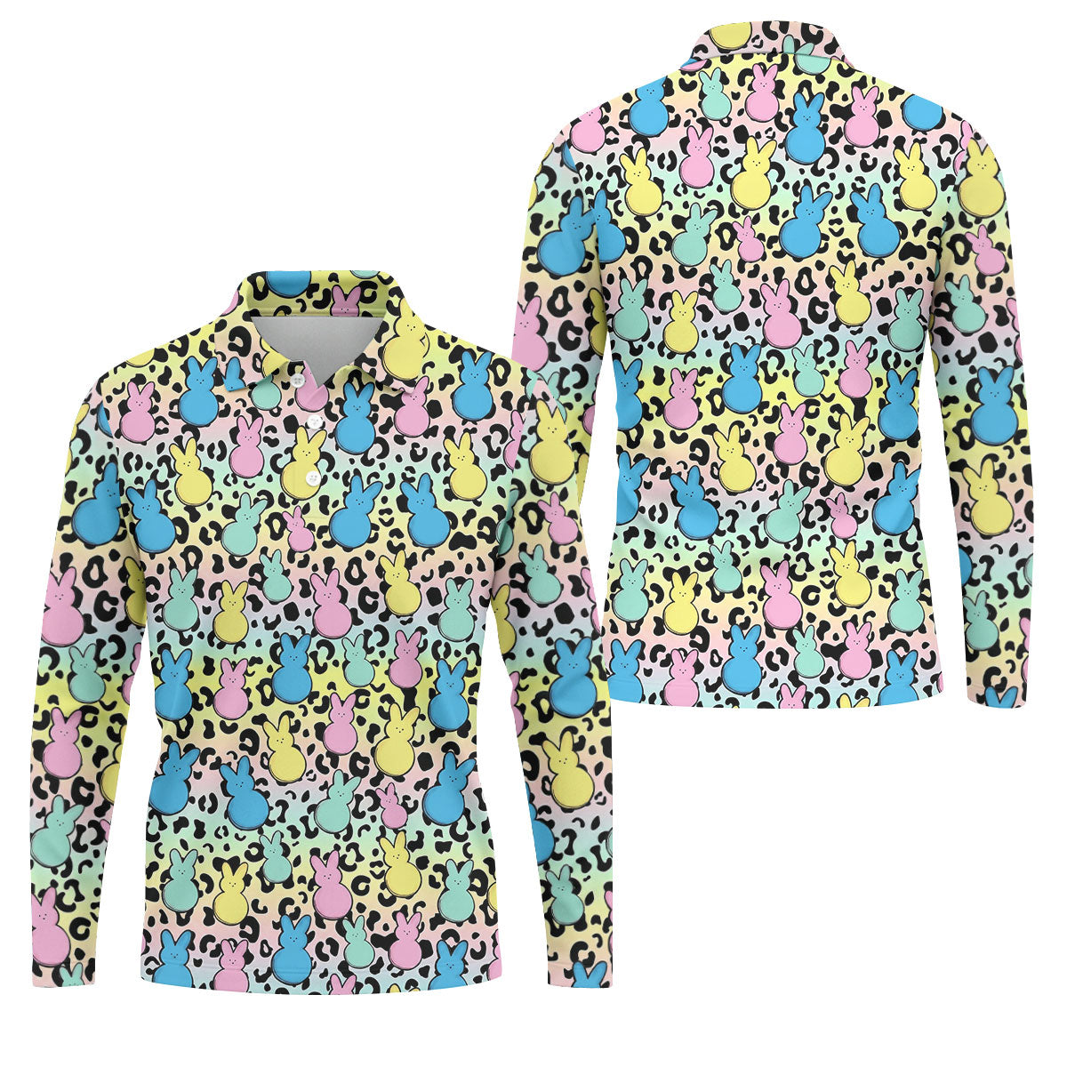 Pastel Easter Bunny Leopard Print Polo Shirt, Mens Golf Apparel, Hawaiian Golf Shirt, Printed Golf Shirts