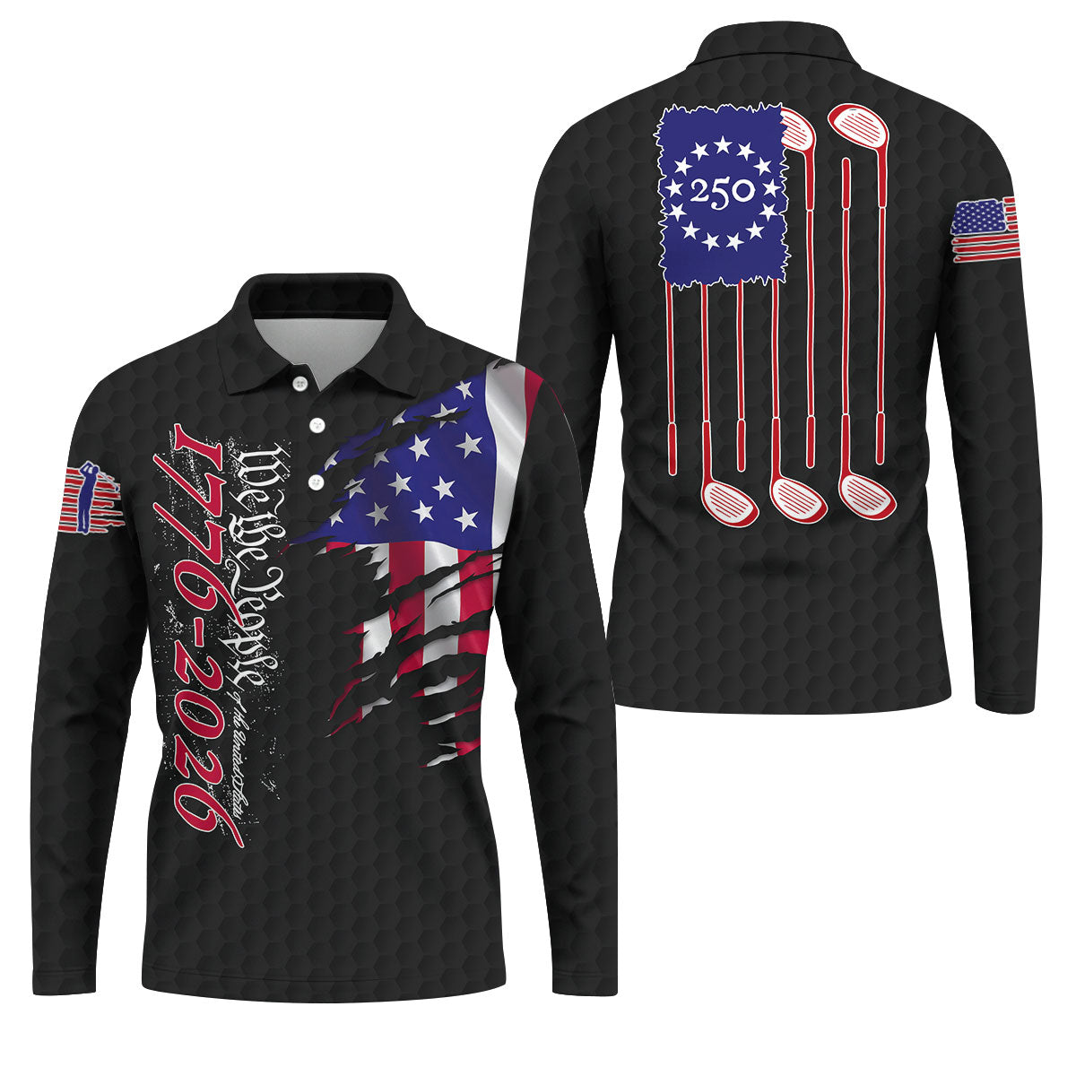 We The People Distressed American Flag Black Golf Shirt, 4th Of July Golf Shirts For Men