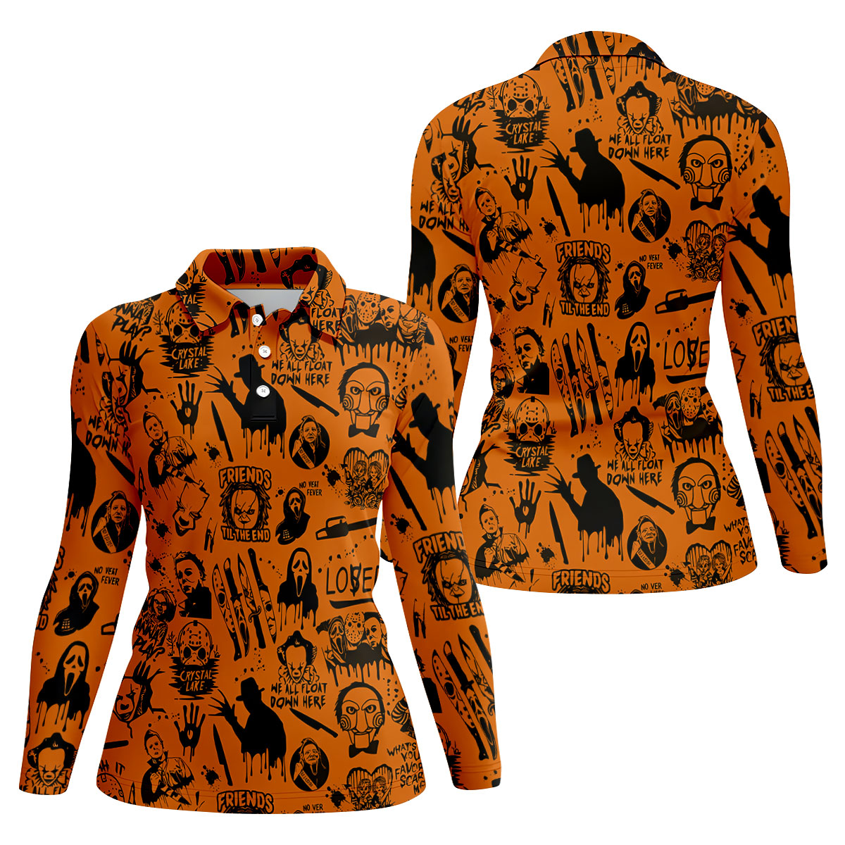 Orange Horror Character Icons Pattern Golf Polo Shirt for Halloween, Womens Golf Polo, Ladies Golf Shirts