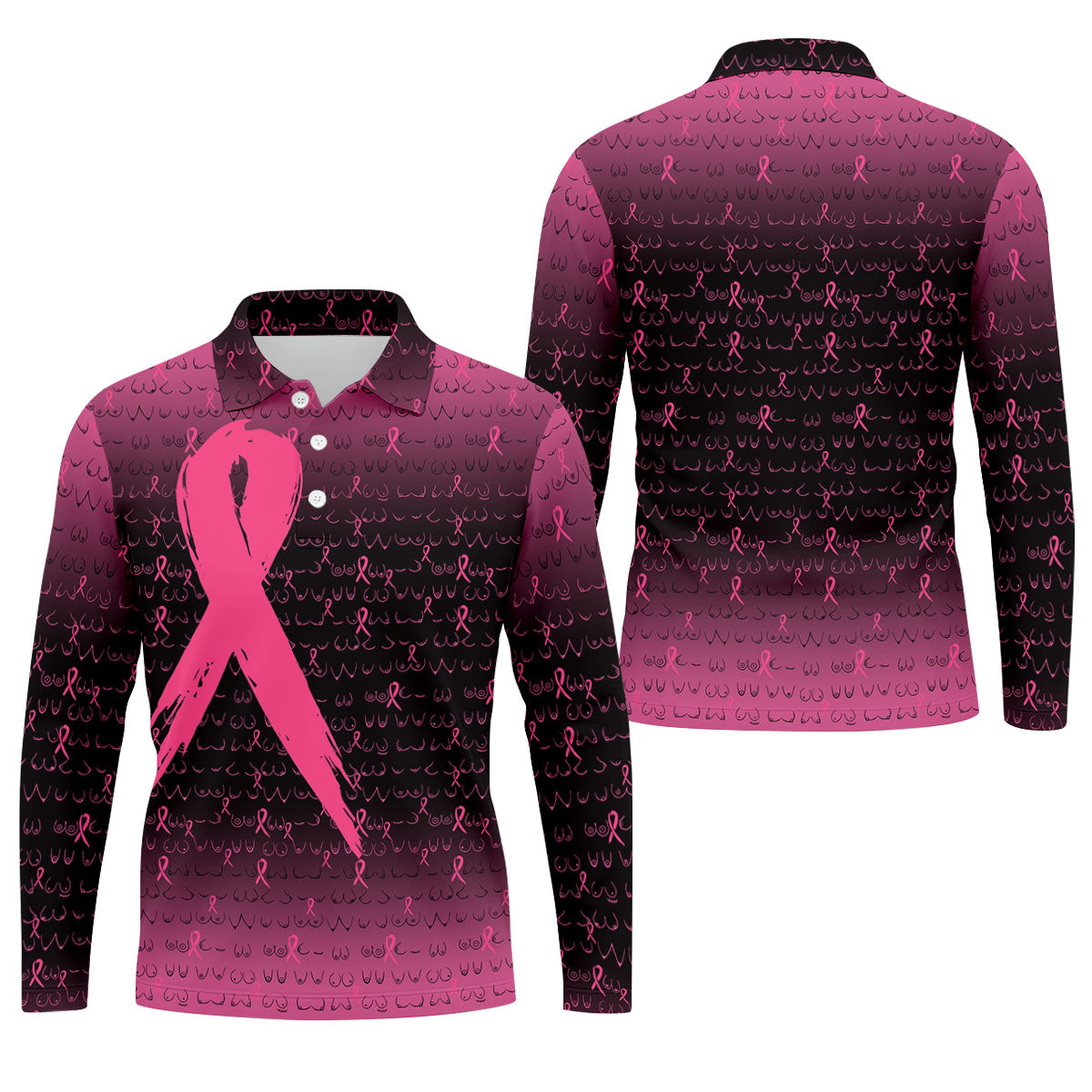 Pink Ribbon Boob Pattern Breast Cancer Polo Shirt, Mens Golf Polo, Printed Golf Shirts