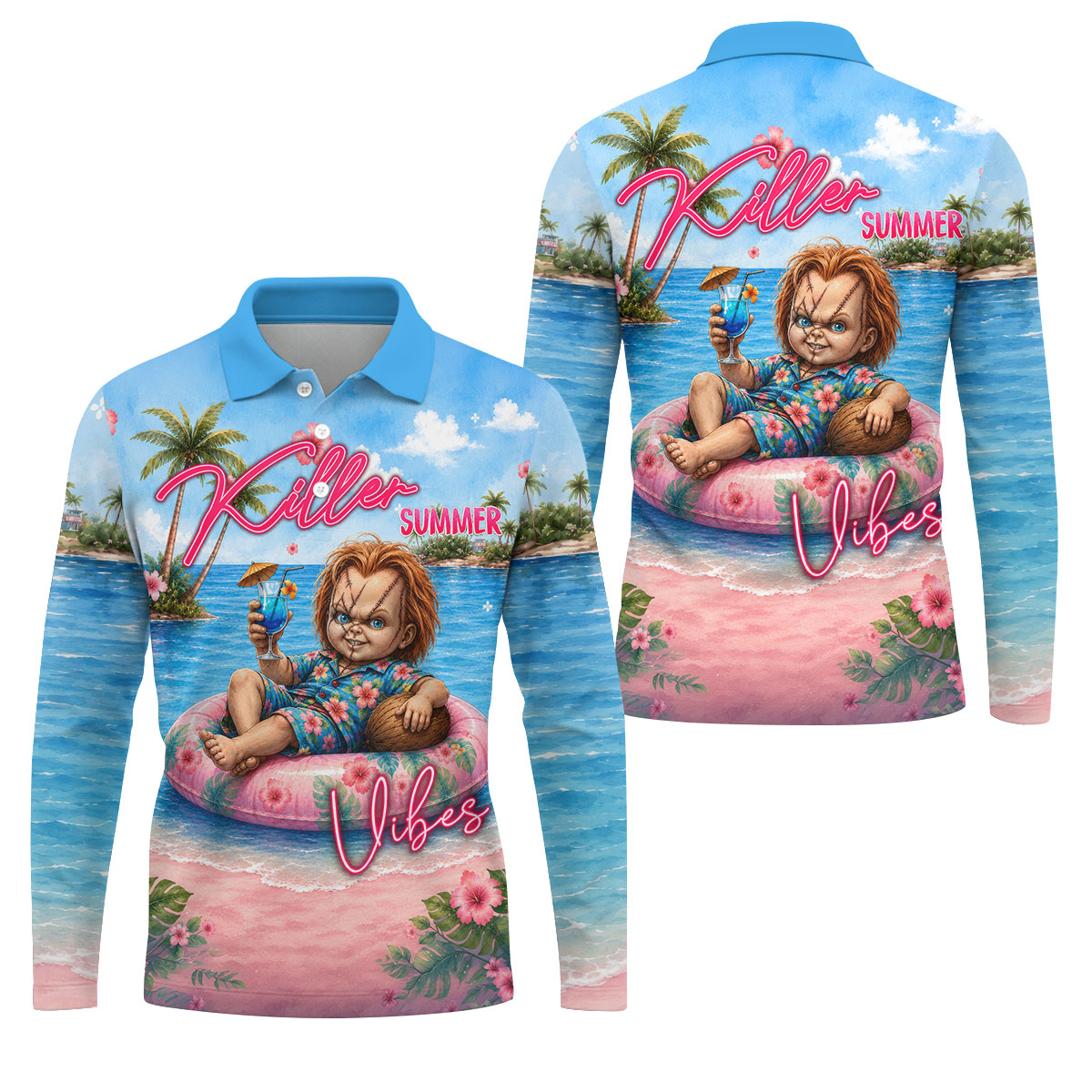 Killer Summer Vibes Evil Doll Golf Polo Shirt, Golf Shirts For Men, Mens Polo Shirts