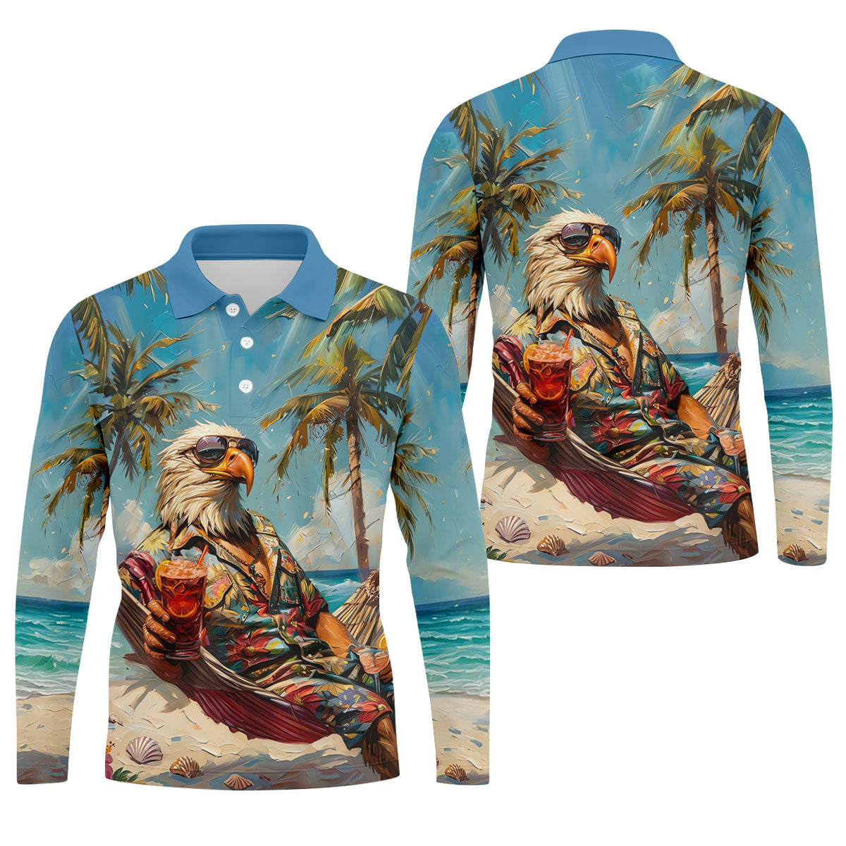 Cool Bald Eagle Tropical Vacation Hawaiian Golf Shirt, Vibrant Color Golf Shirts For Men