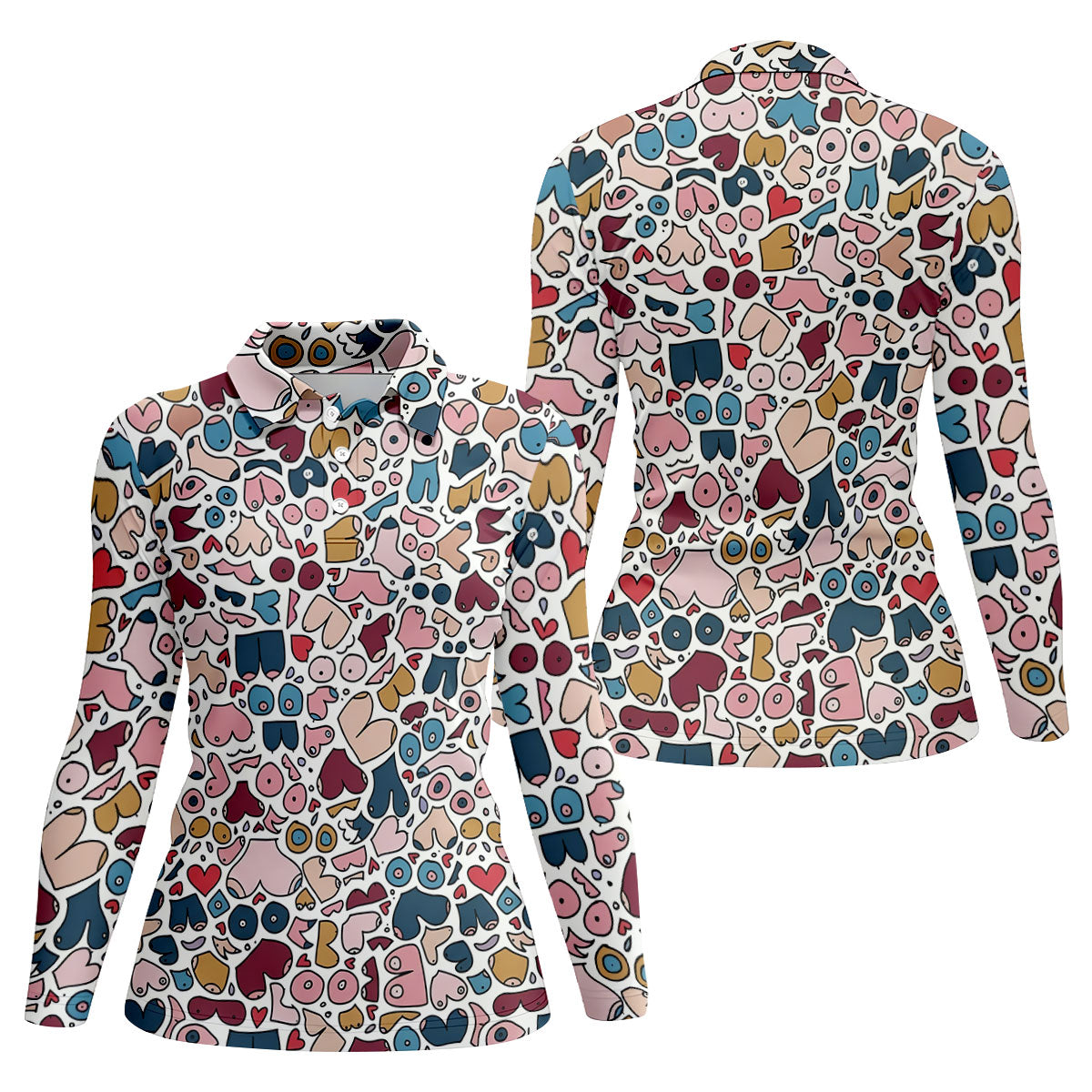 Funny Adult Body Parts Doodle Print Women's Golf Tops, Golf Shirts For Women, Printed Golf Shirt