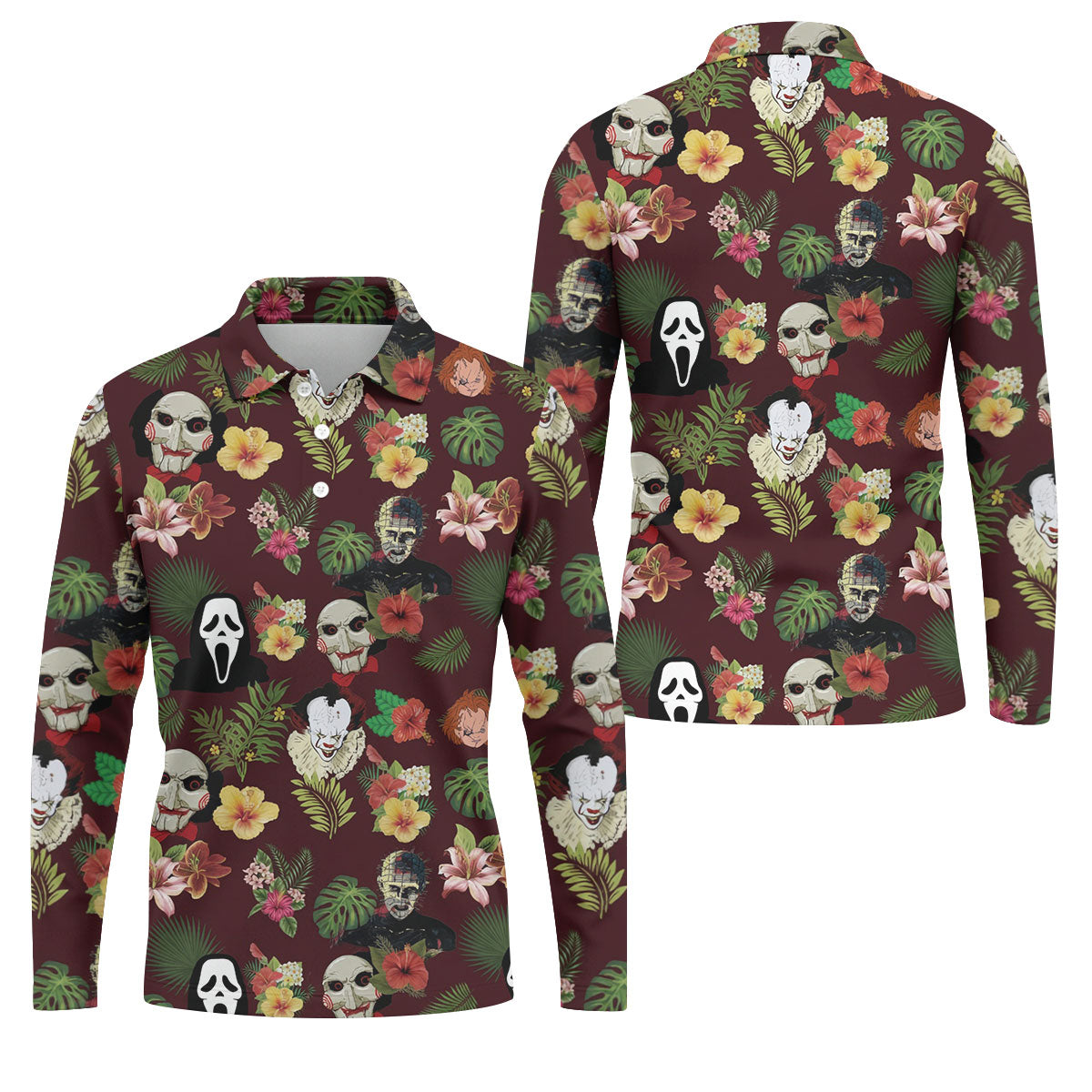 Floral Halloween Horror Character Hawaiian Golf Shirt, Men's Golf Shirt, Golf Polo Shirts For Men