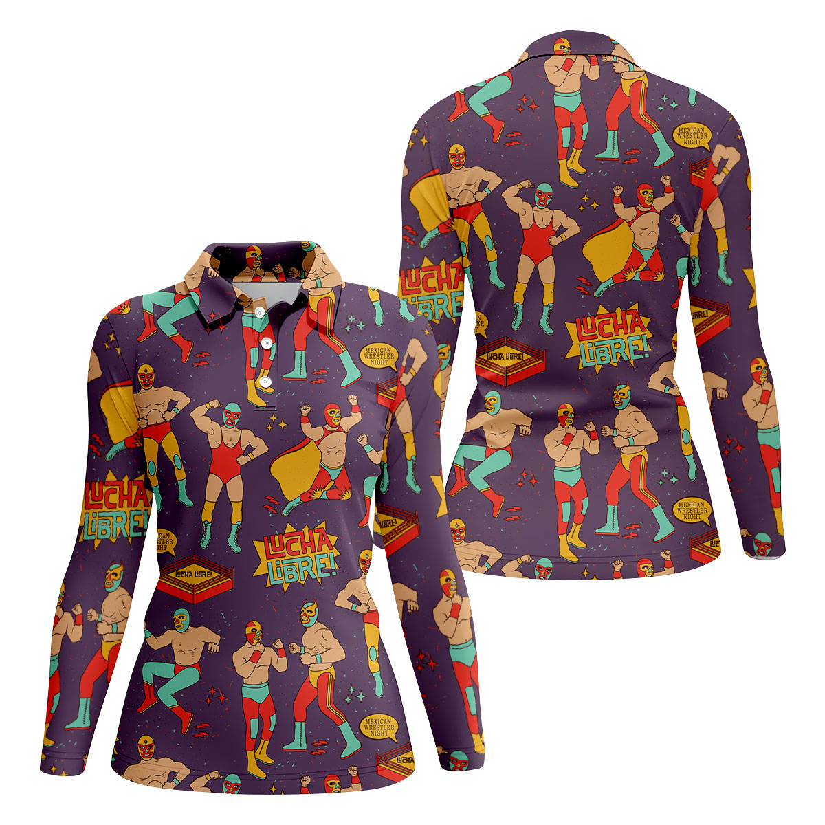 Purple Lucha Libre Mexican Wrestler Pattern Golf Shirt, Women’s Golf Polo, Ladies Golf Top