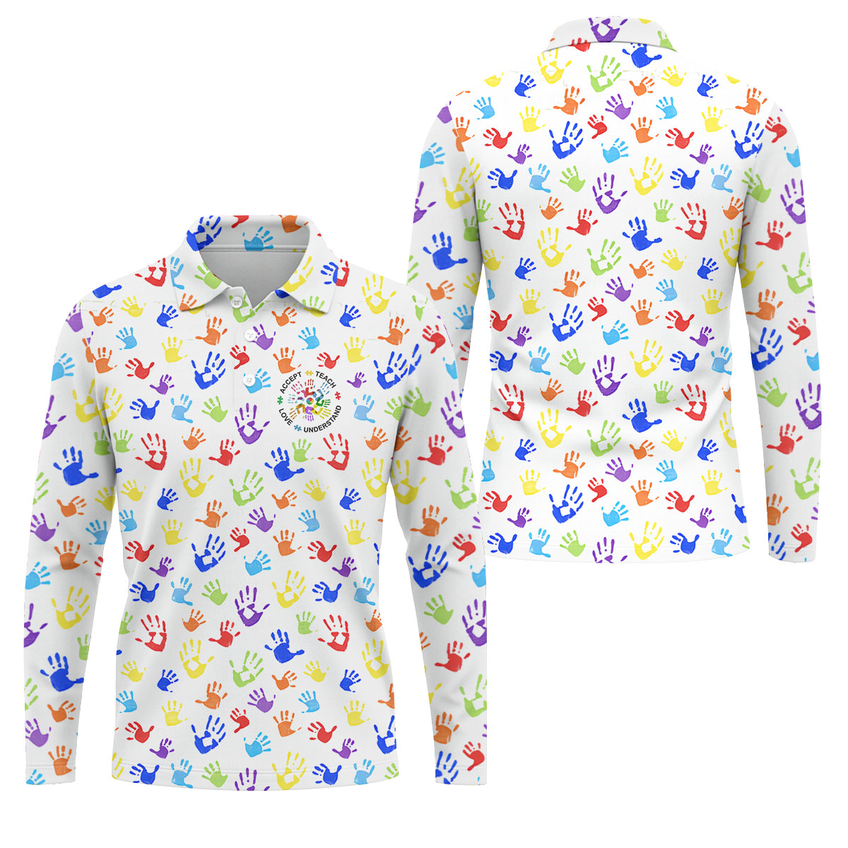 Accept Teach Understand Love Autism Awareness Colorful Handprint White Golf Shirt, Golf Shirts For Men