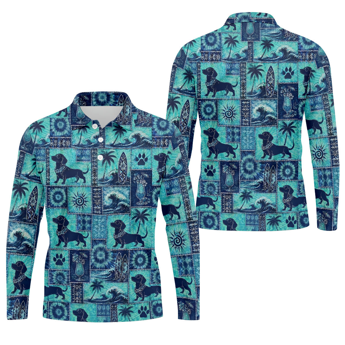 Funny Tropical Dog Surf Patchwork Golf Polo Shirt, Mens Golf Polo, Printed Golf Shirts