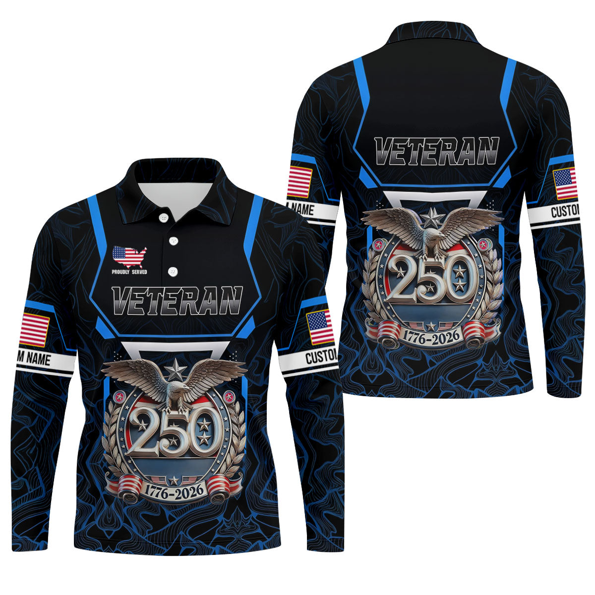 Personalized Veteran America 250 Polo Shirt Blue Accent, Golf Apparel For Men, Mens Golf Polo