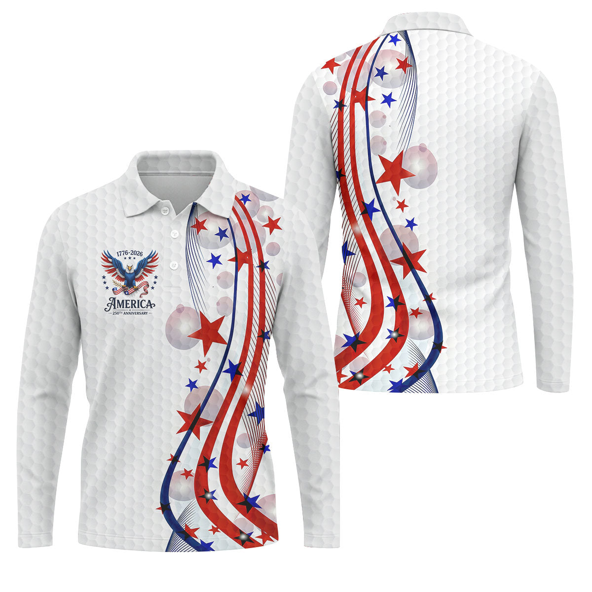Red White Blue Wavy Stripes Bald Eagle Logo Patriotic 4th Of July Golf Shirt, 250 Years Golf Shirts For Men