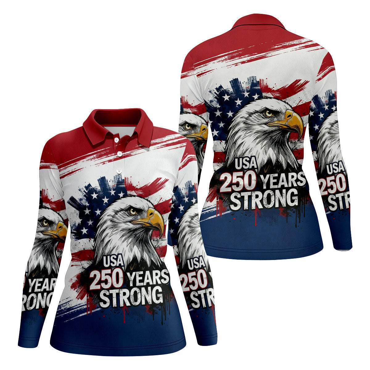 USA 250 Years Strong Bald Eagle American Flag Golf Shirt, Patriotic 4th Of July Golf Shirt For Women