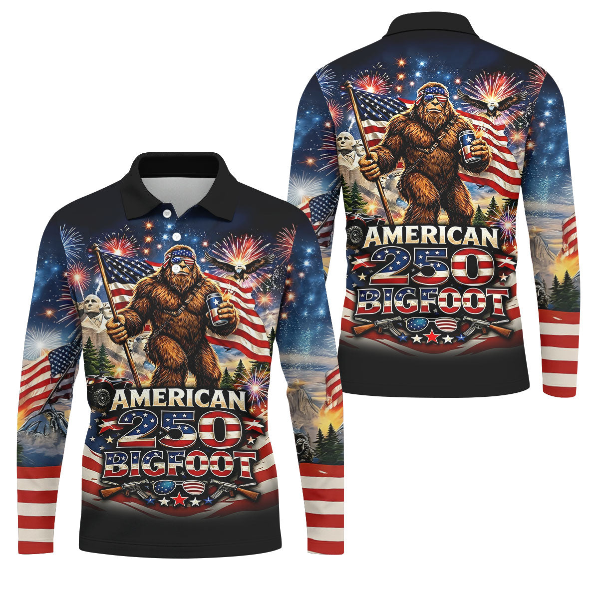American 250 US Flag Pattern Bigfoot Golf Shirt, Patriotic 4th Of July Golf Shirts For Men