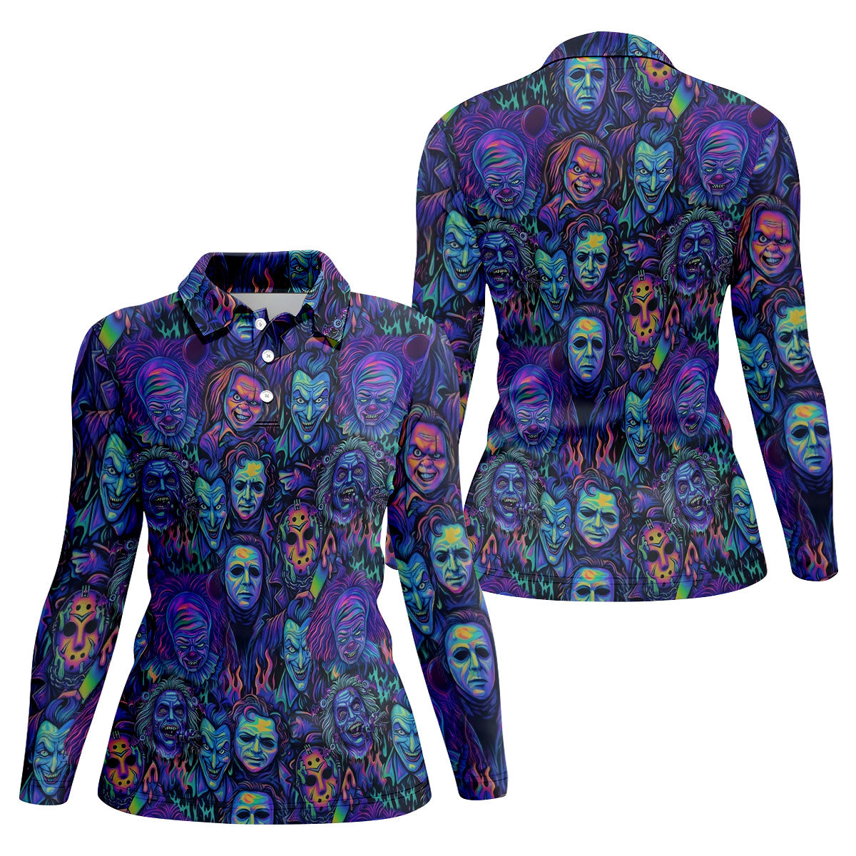 Neon Horror Character Villains Halloween Golf Shirt, Women's Golf Polo, Ladies Golf Tops