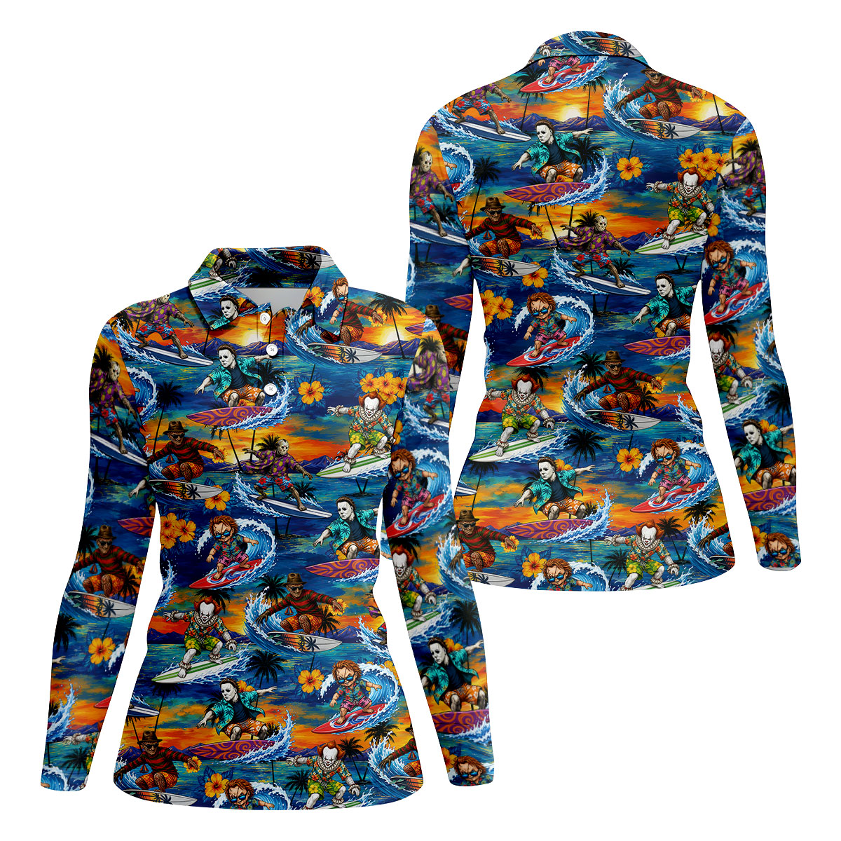 Retro Horror Character Villains Surfing Sunset Waves Golf Polo Shirt, Women's Golf Polo, Golf Tops For Women