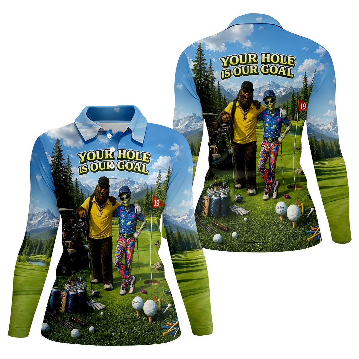 Your Hole Is Our Goal Funny Bigfoot Alien Golf Polo Shirt, Ladies Golf Top, Golf Shirt