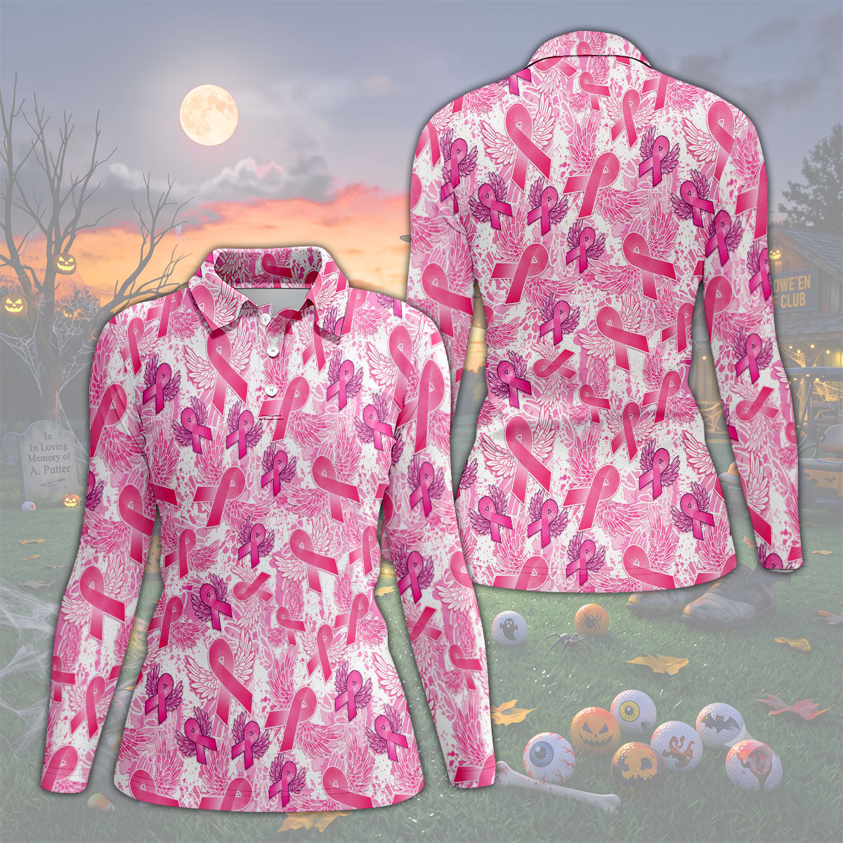 Breast Cancer Pink Ribbon Angel Wings Polo Shirt, Women's Golf Polo, Golf Tops For Women