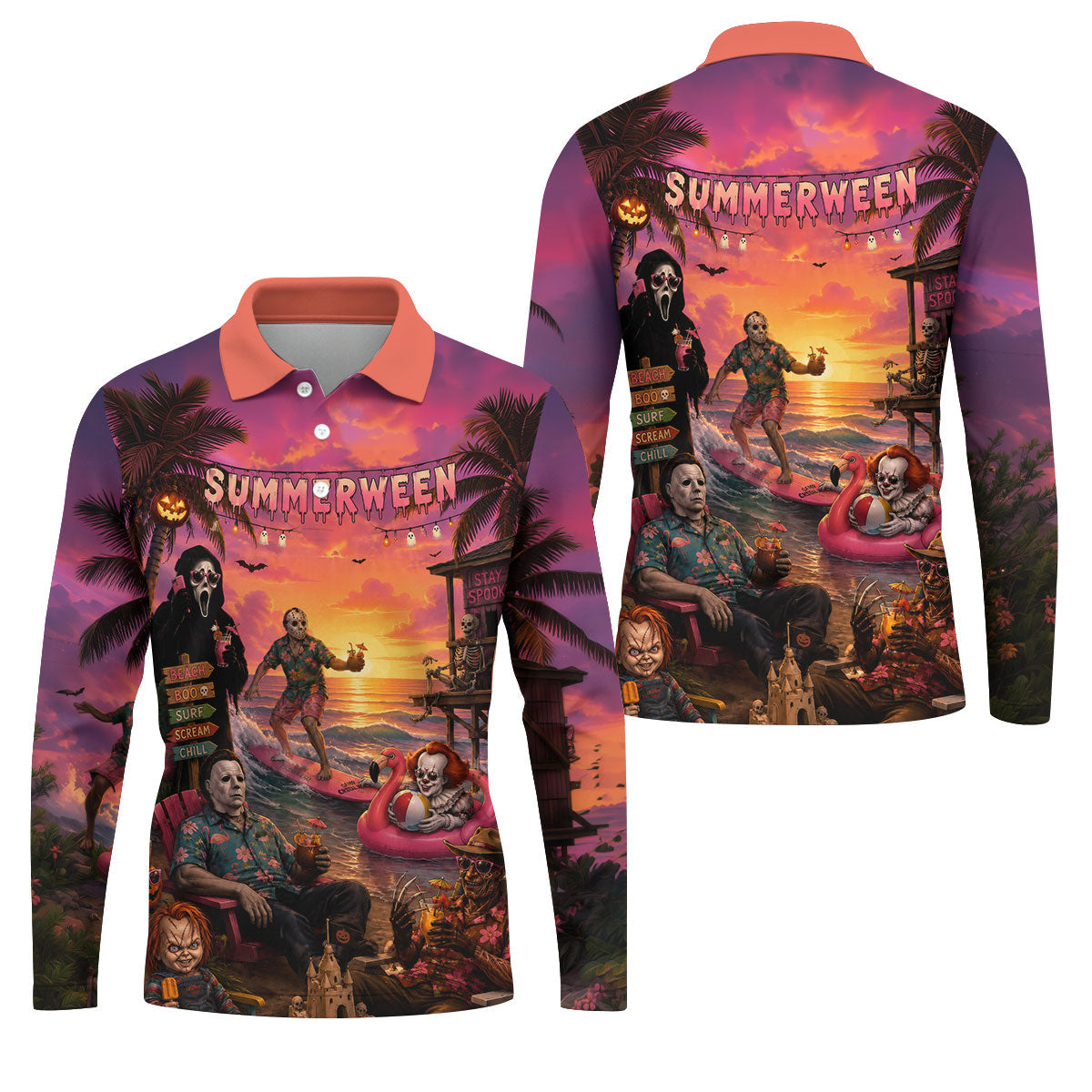 Summerween Halloween Horror Character Golf Shirt, Printed Golf Shirts, Hawaiian Golf Shirt