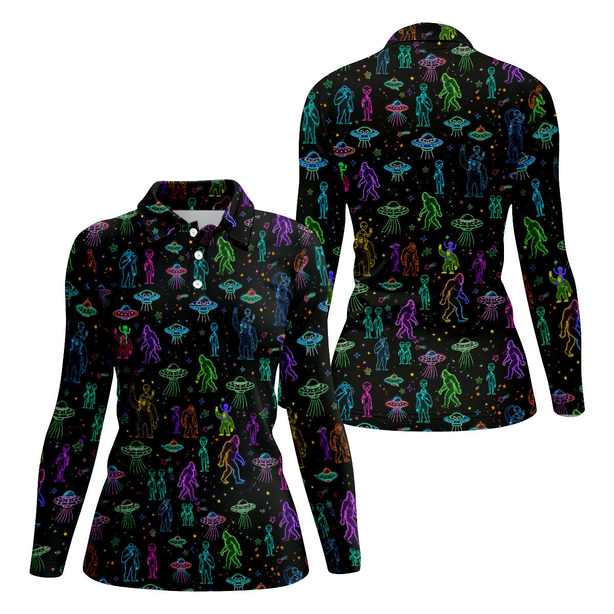 Neon Bigfoot Alien UFO Pattern Golf Polo Shirt, Women's Golf Tops, Golf Shirts For Women