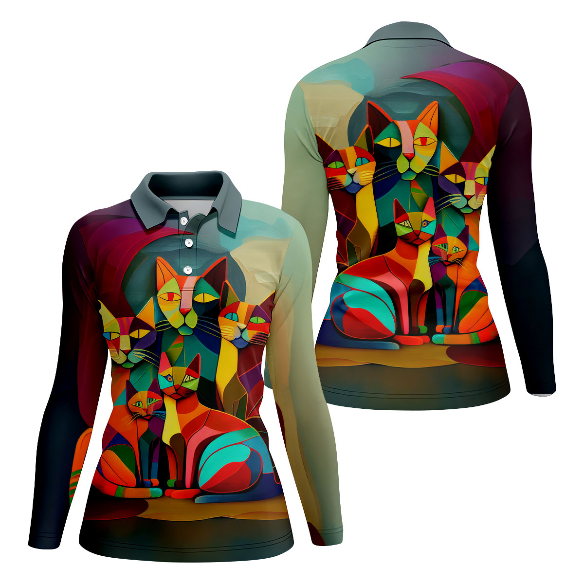 Abstract Colorful Cat Halloween Golf Polo Shirt, Women's Golf Tops, Golf Polo For Women