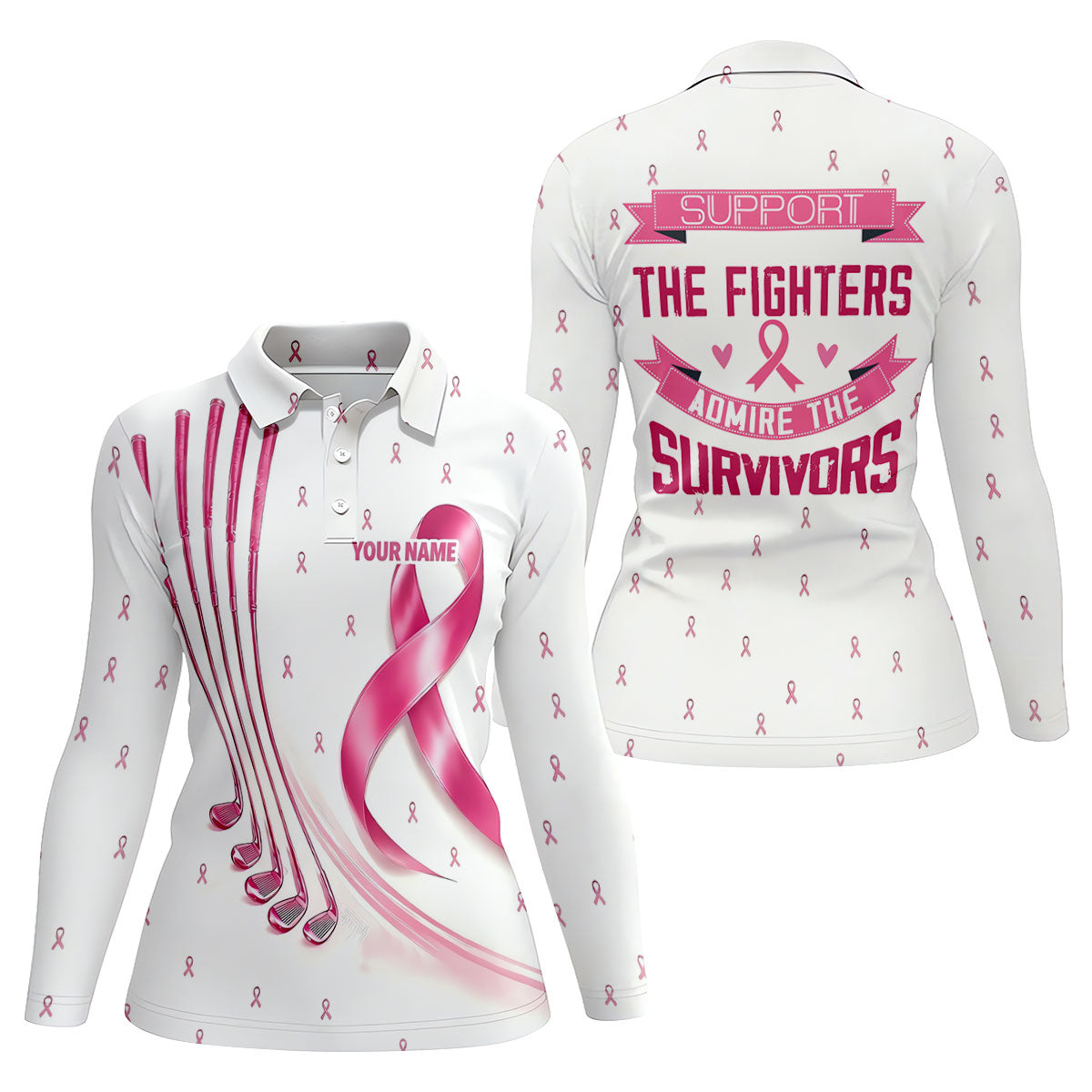 Support The Fighters Custom Pink Ribbon Golf Shirt, Ladies Golf Top, Golf Shirts For Women