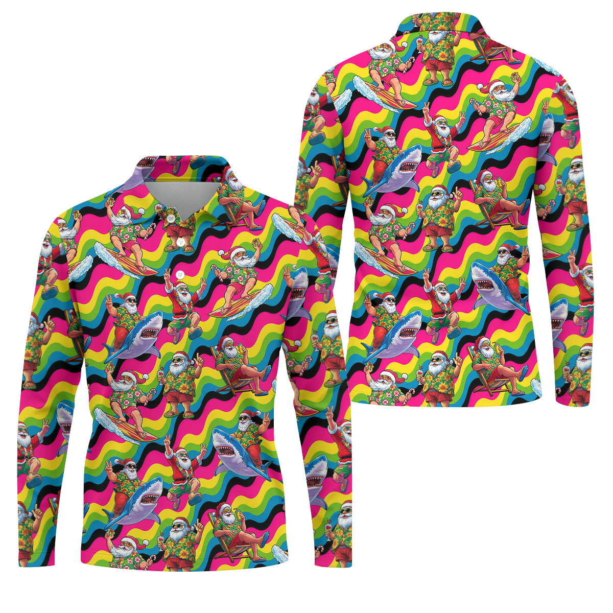 Funny Surfing Santa Riding Shark Hawaiian Golf Shirt, Christmas Golf Shirt, Golf Polo Shirts For Men