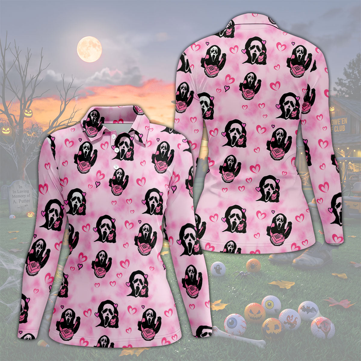 Pink Cute Ghost Caller Heart Pattern Halloween Golf Polo Shirt, Golf Shirts For Women