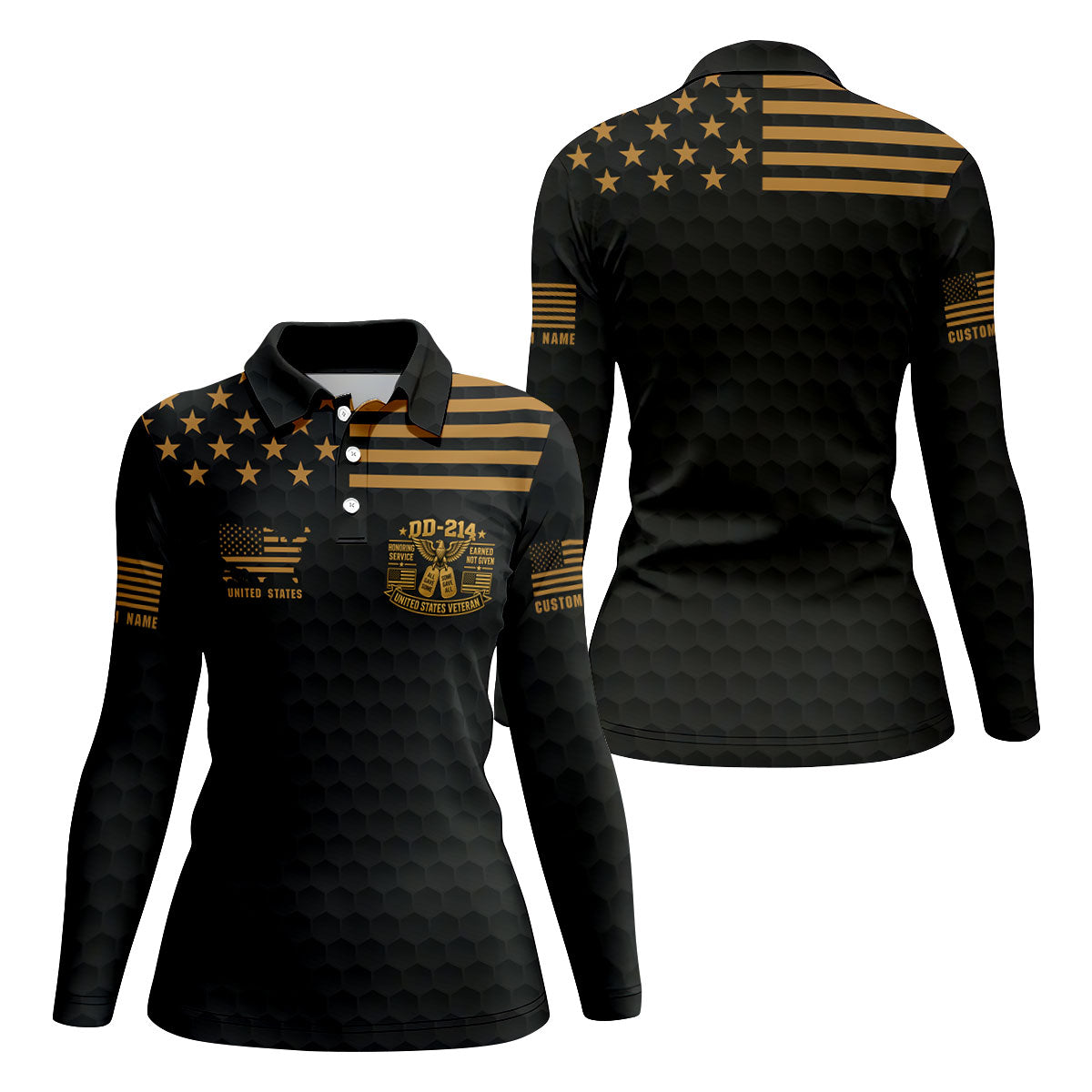 Custom Name Black Gold DD-214 Golf Polo Shirt, Womens Golf Polo, Veterans Day Shirt