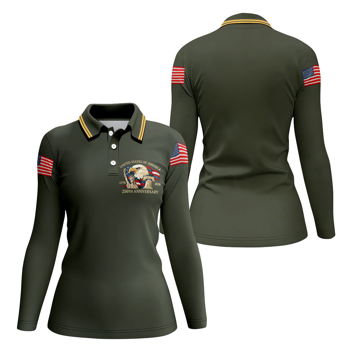 Bald Eagle American Flag 250 Years Green Golf Shirt, Patriotic 4th Of July Golf Shirt For Women