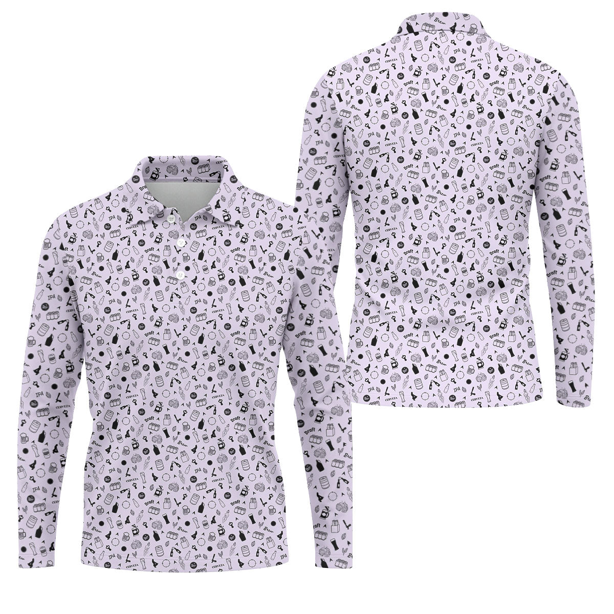 Light Purple Beer Brewing Icons Pattern Polo Shirt, Golf Apparel For Men, Printed Golf Shirts